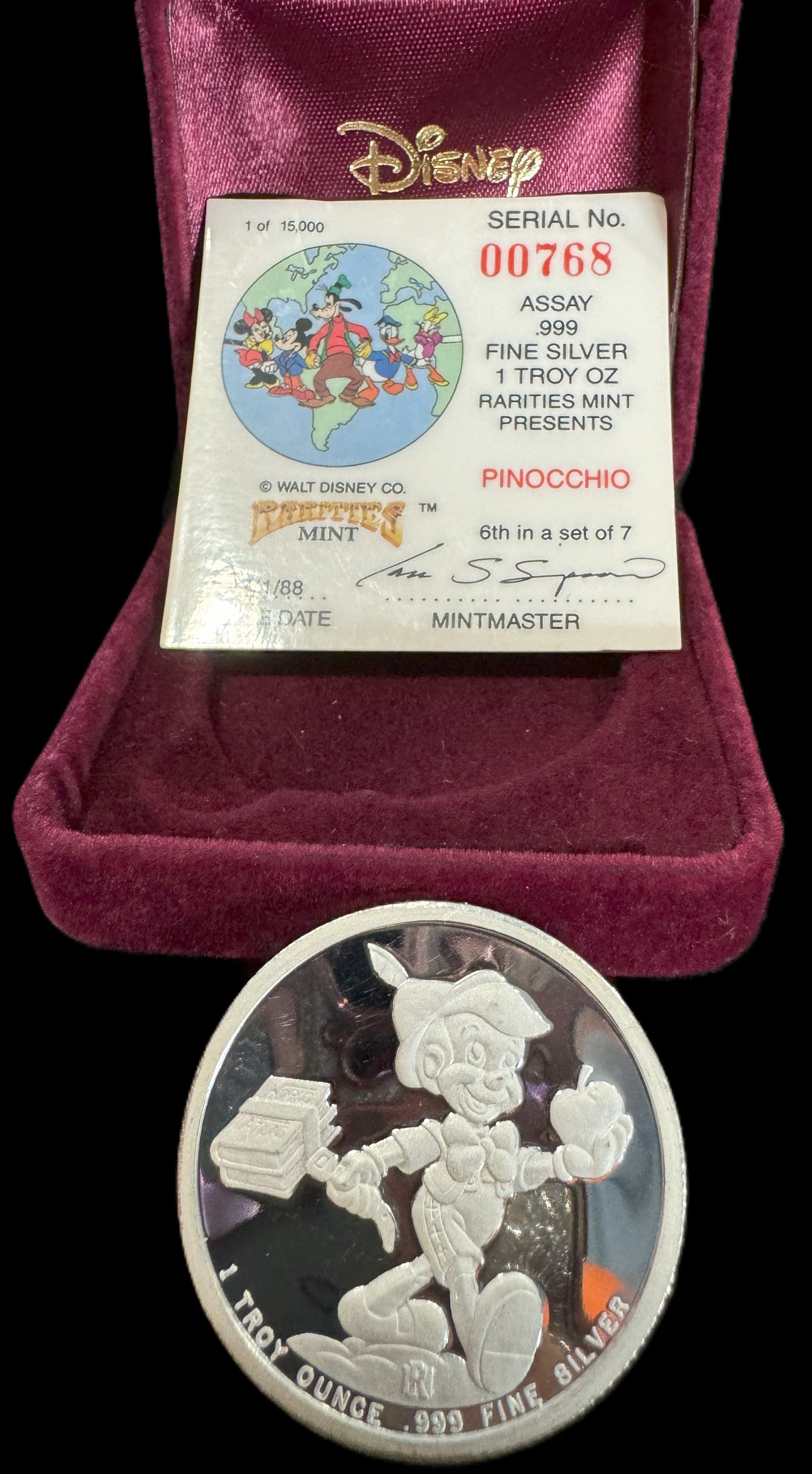 1988 Disney Around the World “Pinocchio” 1 oz .999 Silver Coin