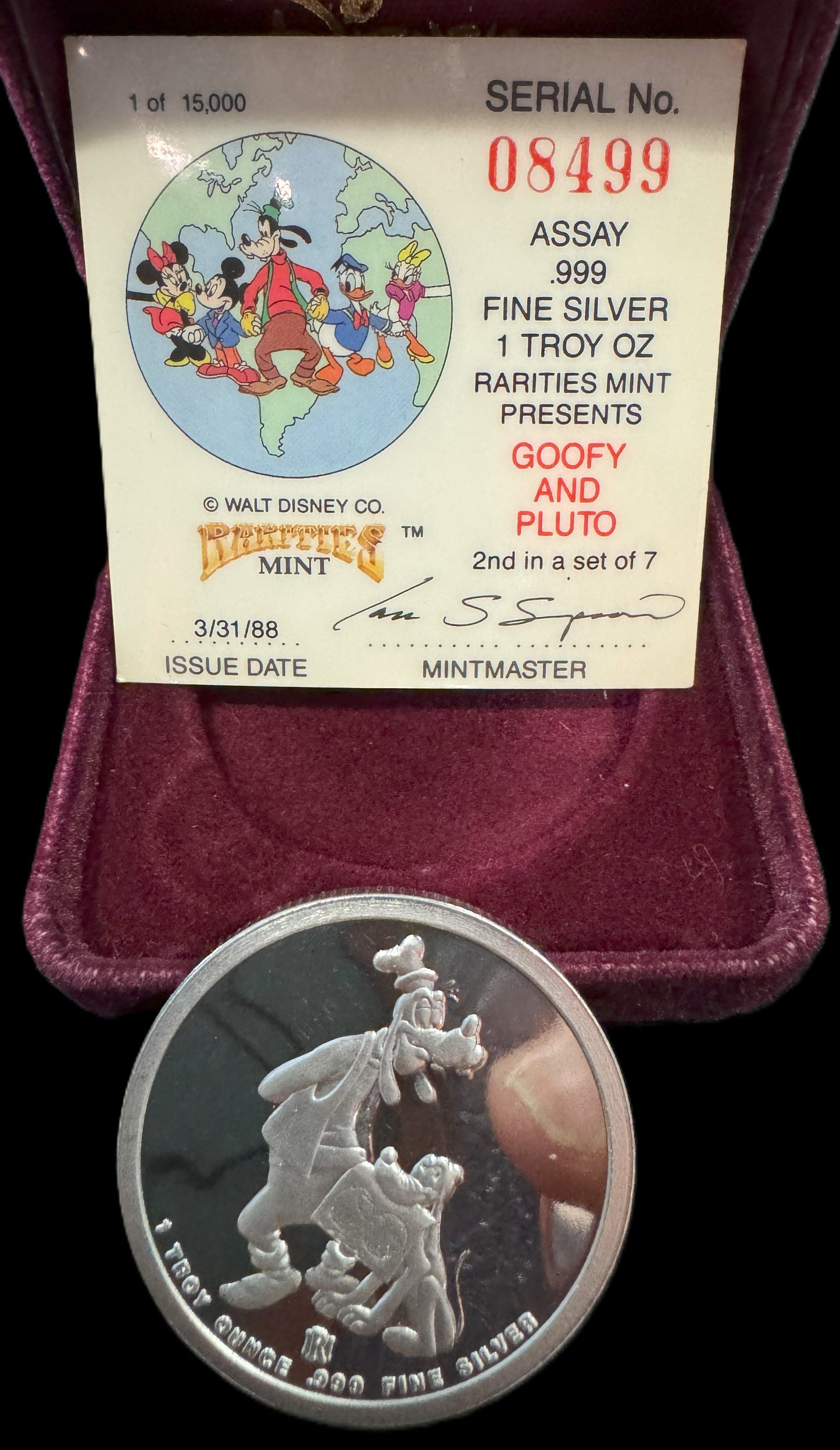 1988 Disney Around the World “Goofy & Pluto” 1 oz .999 Silver Coin COA #8499