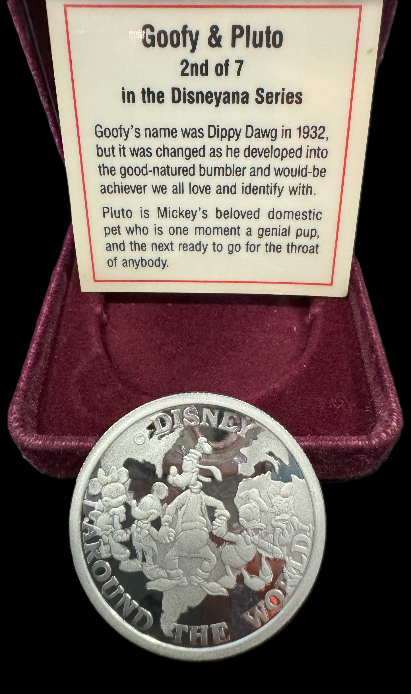 1988 Disney Around the World “Goofy & Pluto” 1 oz .999 Silver Coin COA #8499