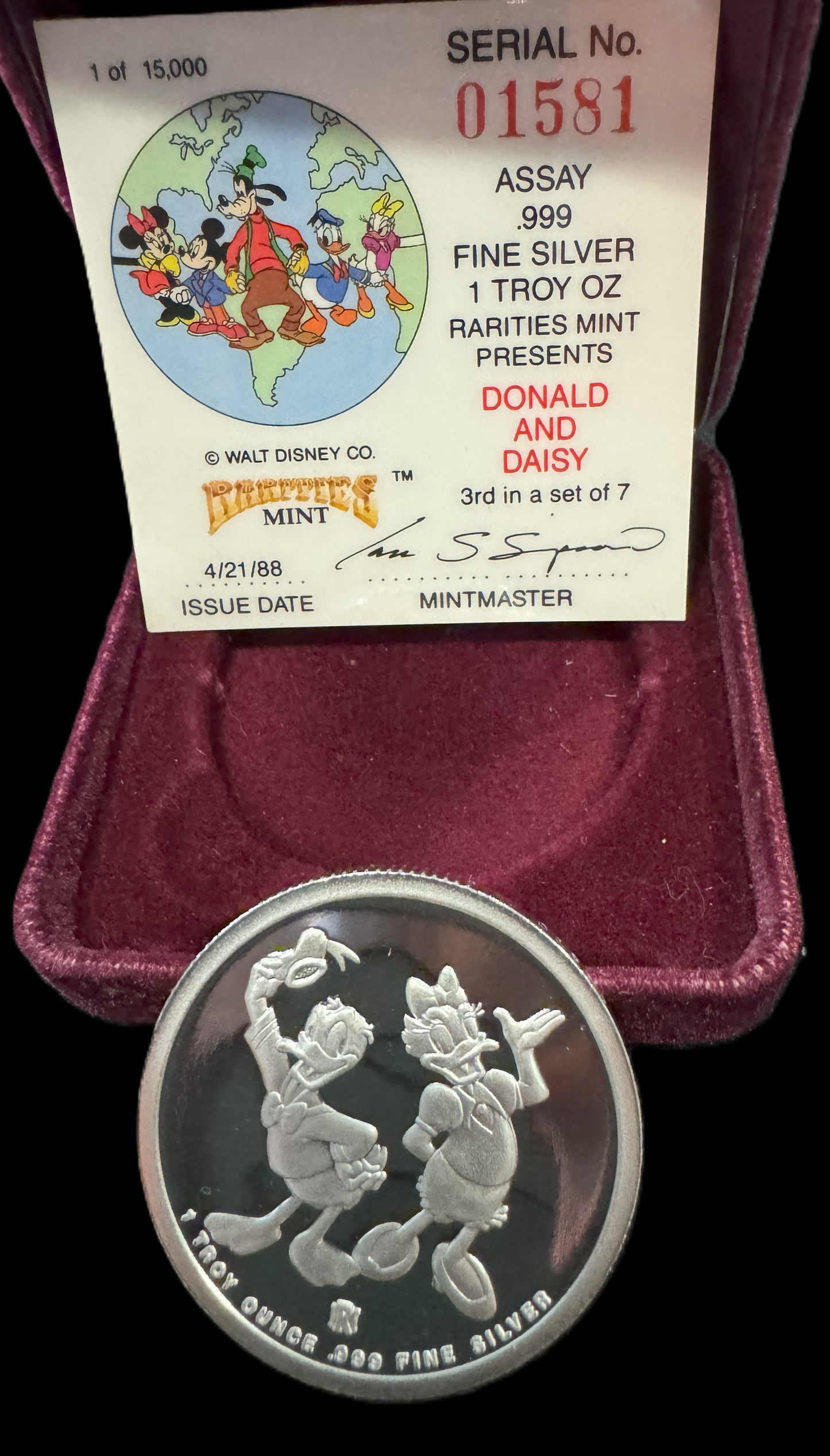 1988 Disney Around the World Donald & Daisy 1 oz .999 Silver Coin