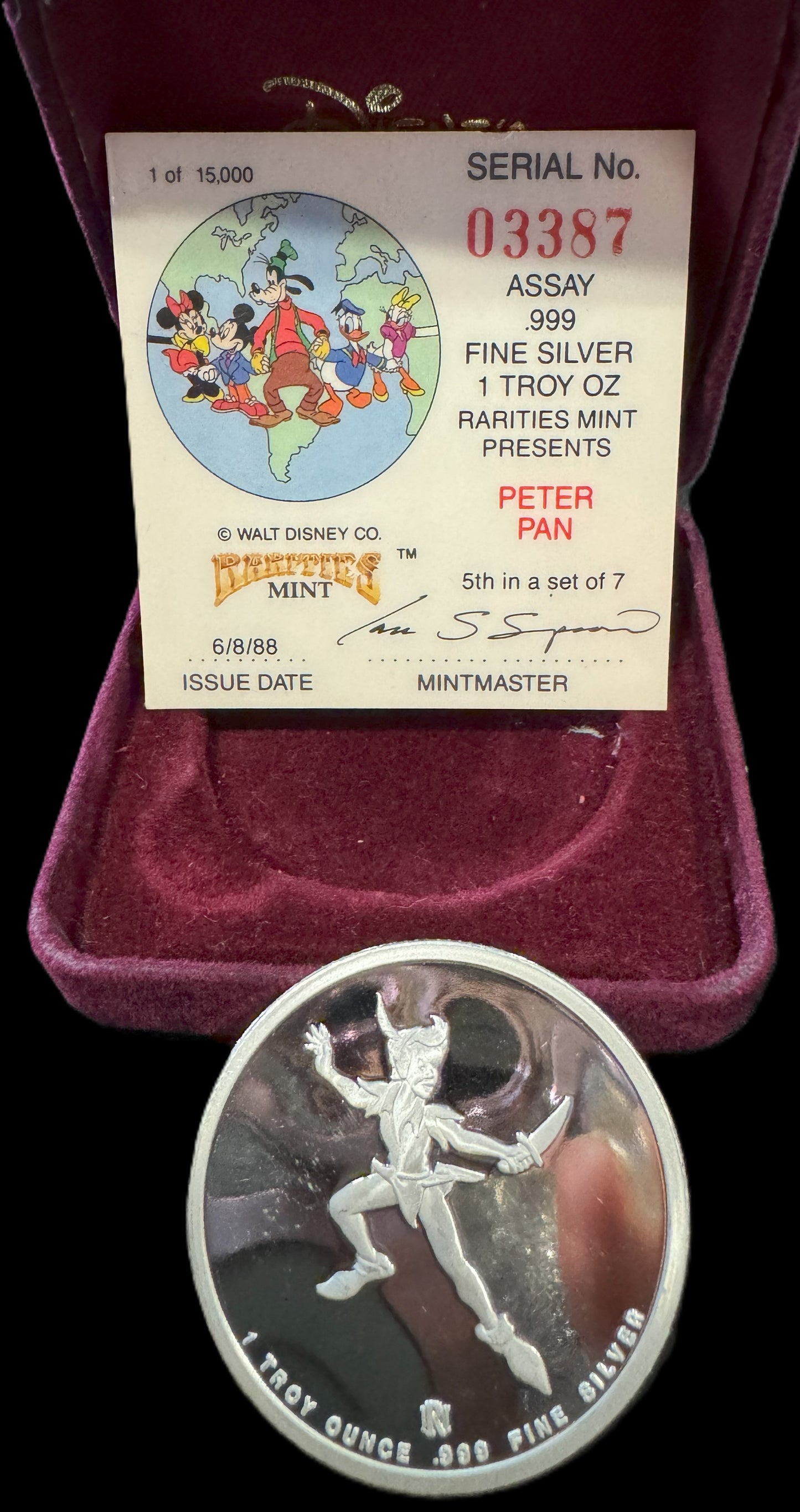 1988 Disney Around the World “Peter Pan” 1 oz .999 Silver Coin