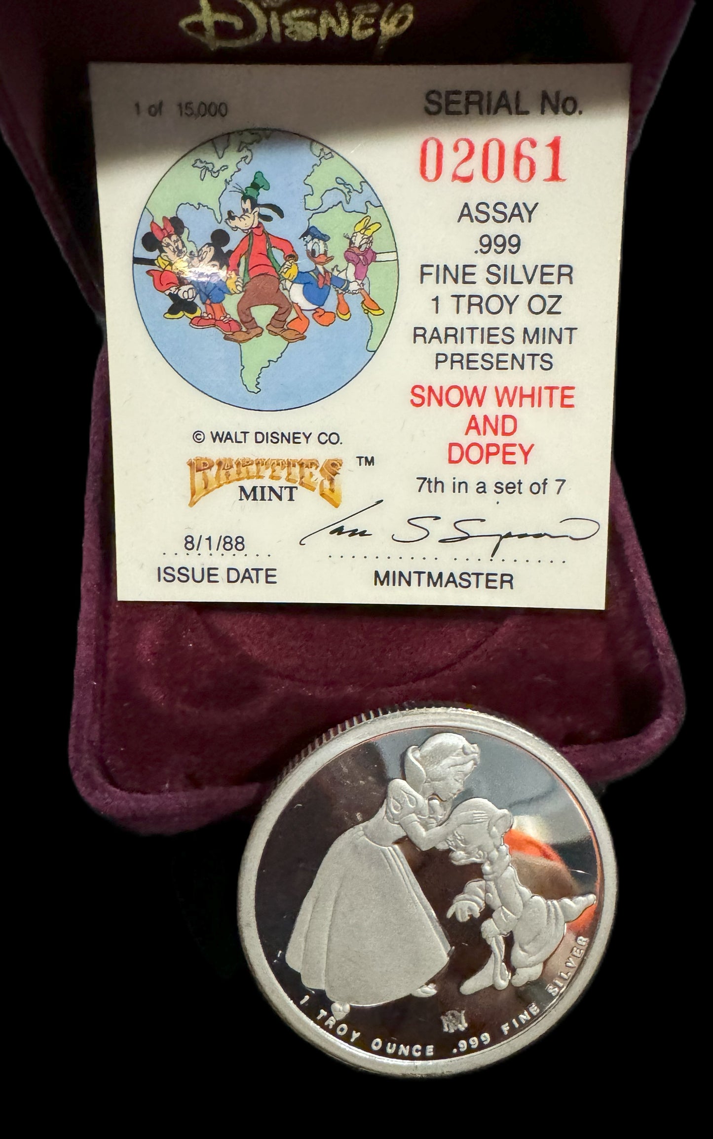 1988 Disney Around the World “Snow White & Dopey” 1 oz .999 Silver Coin