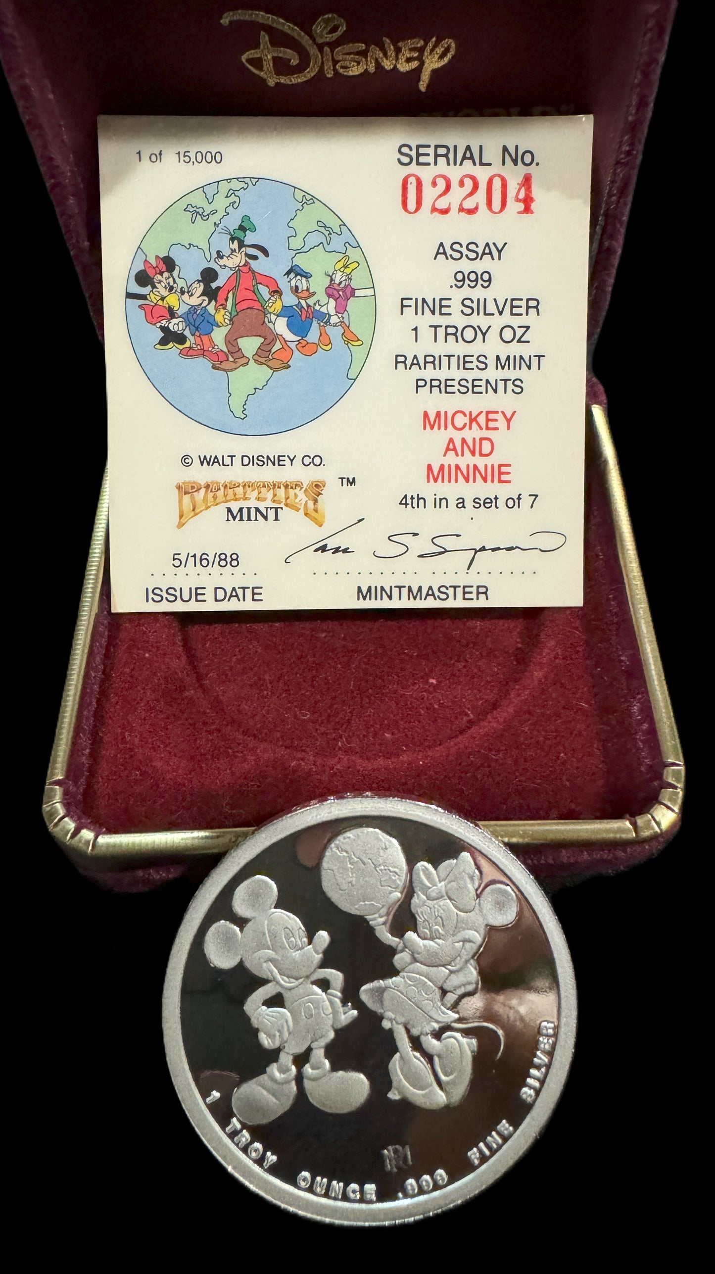 1988 Disney Around the World “Mickey & Mini Mouse” 1 oz .999 Silver Coin