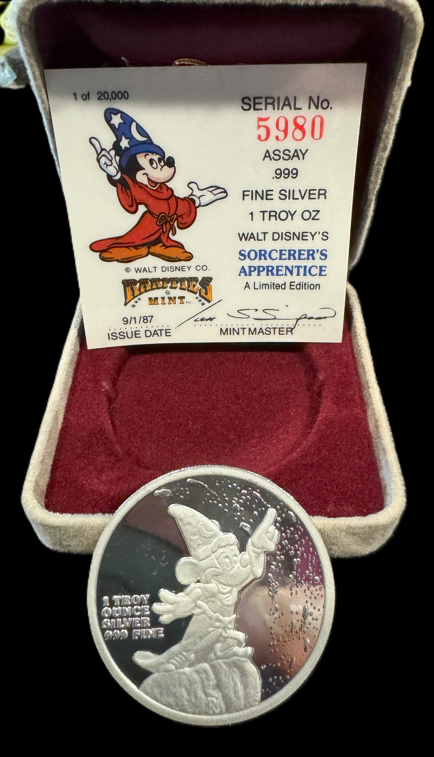 1987 Disney “Sorcerer’s Apprentice” 1 oz .999 Silver Coin