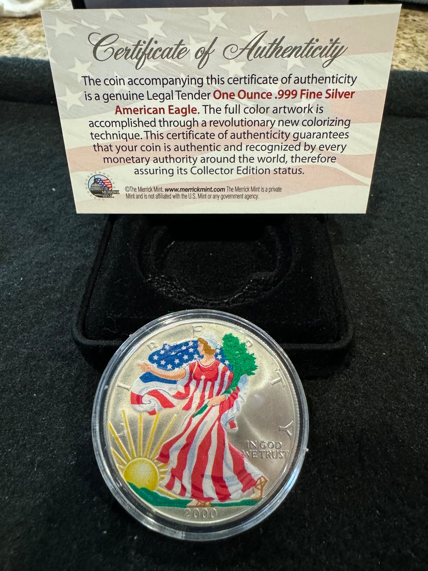 2000 American Eagle Lady Liberty Colorized American Flag 1oz .999 Silver Coin
