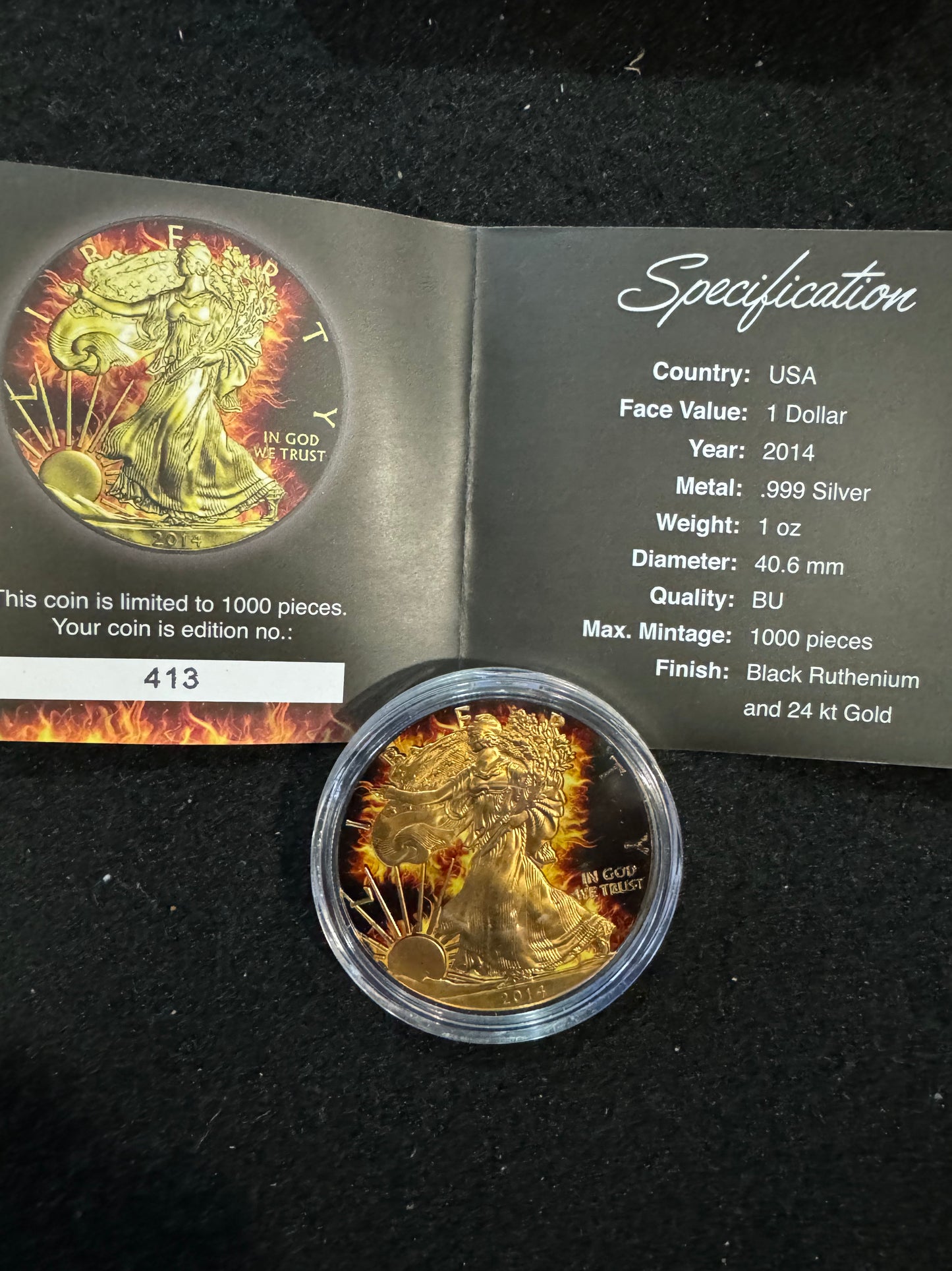 2014 American Eagle Burning Liberty 1oz .999 Silver, Ruthenium, 24k Gold Golding