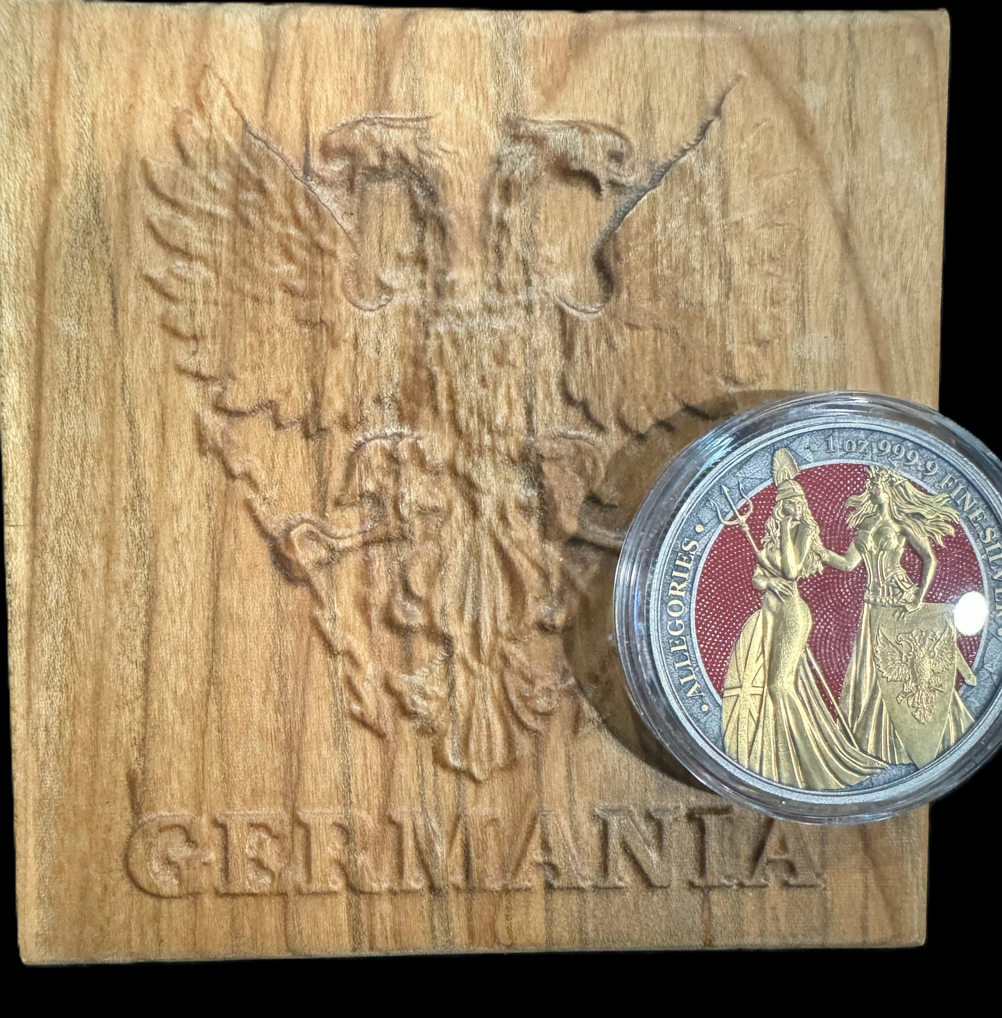 2019 Britannia Germania 1 oz .999 Silver Coin w/Gold Relief Space Red