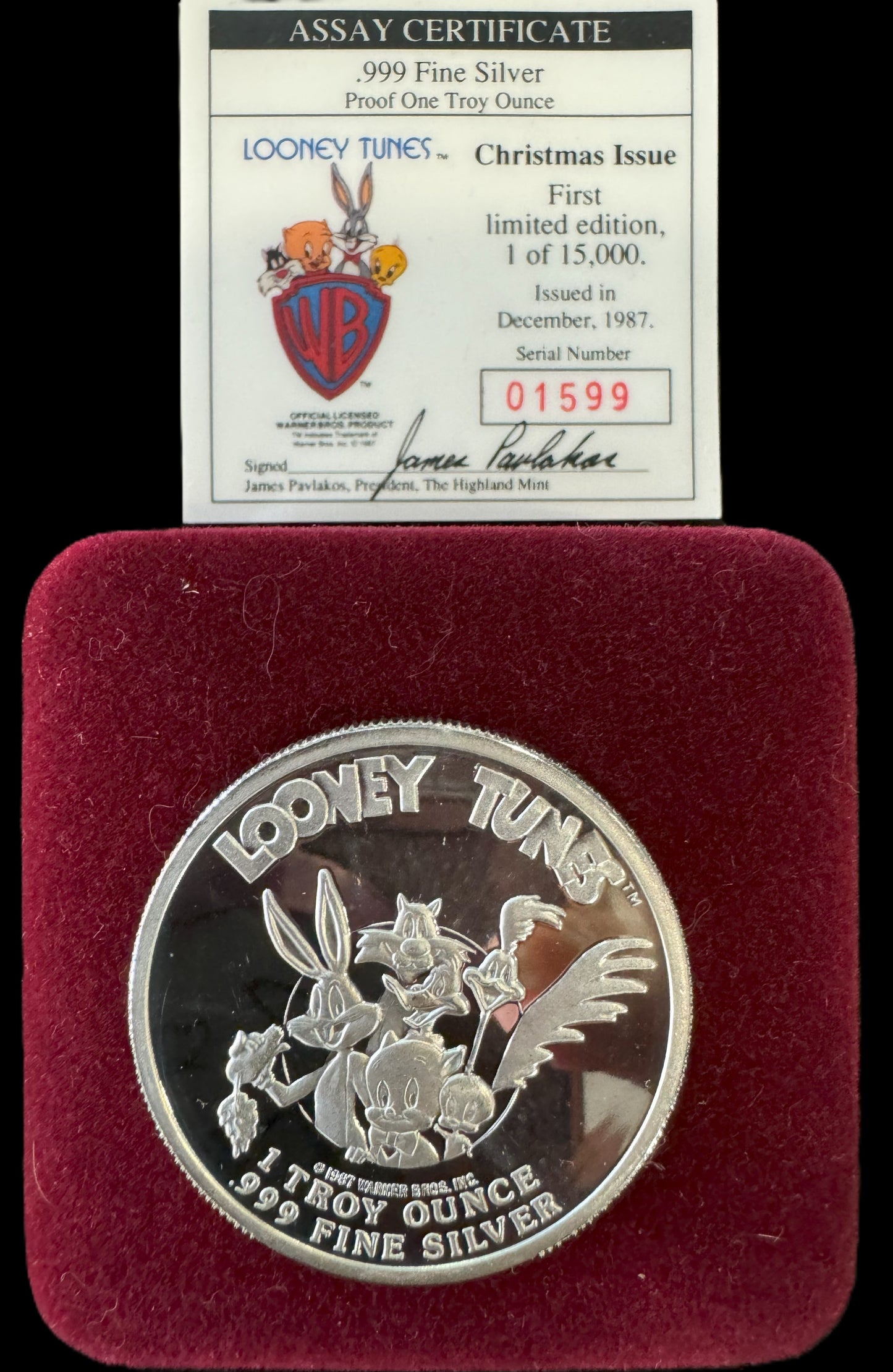 1987 Looney Tunes Bugs Bunny Merry Christmas 1 oz .999 Silver Coin