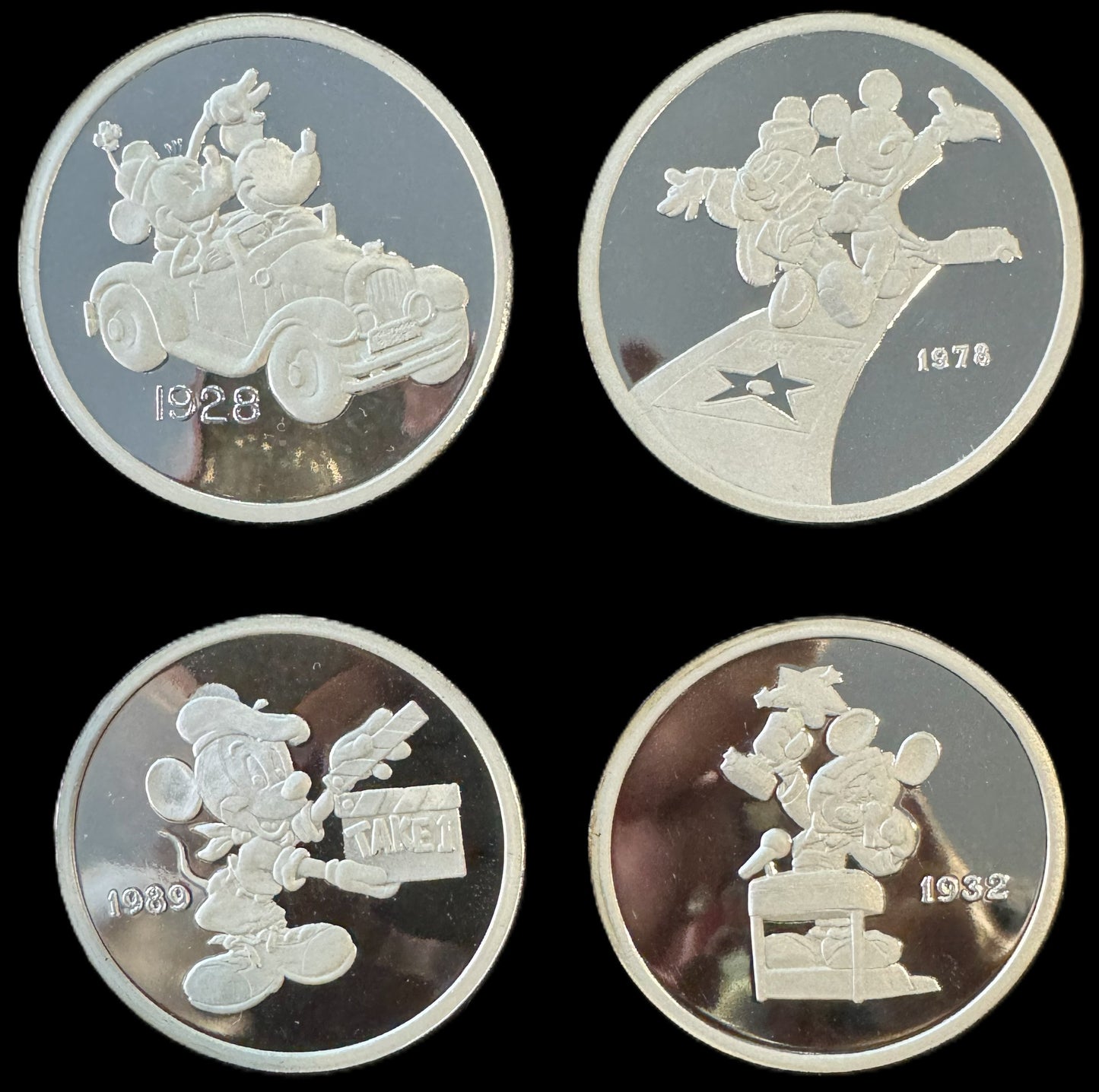 1989 Disney “Hollywood Mickey” 4pc Match COA Set 1 oz .999 Silver Coin