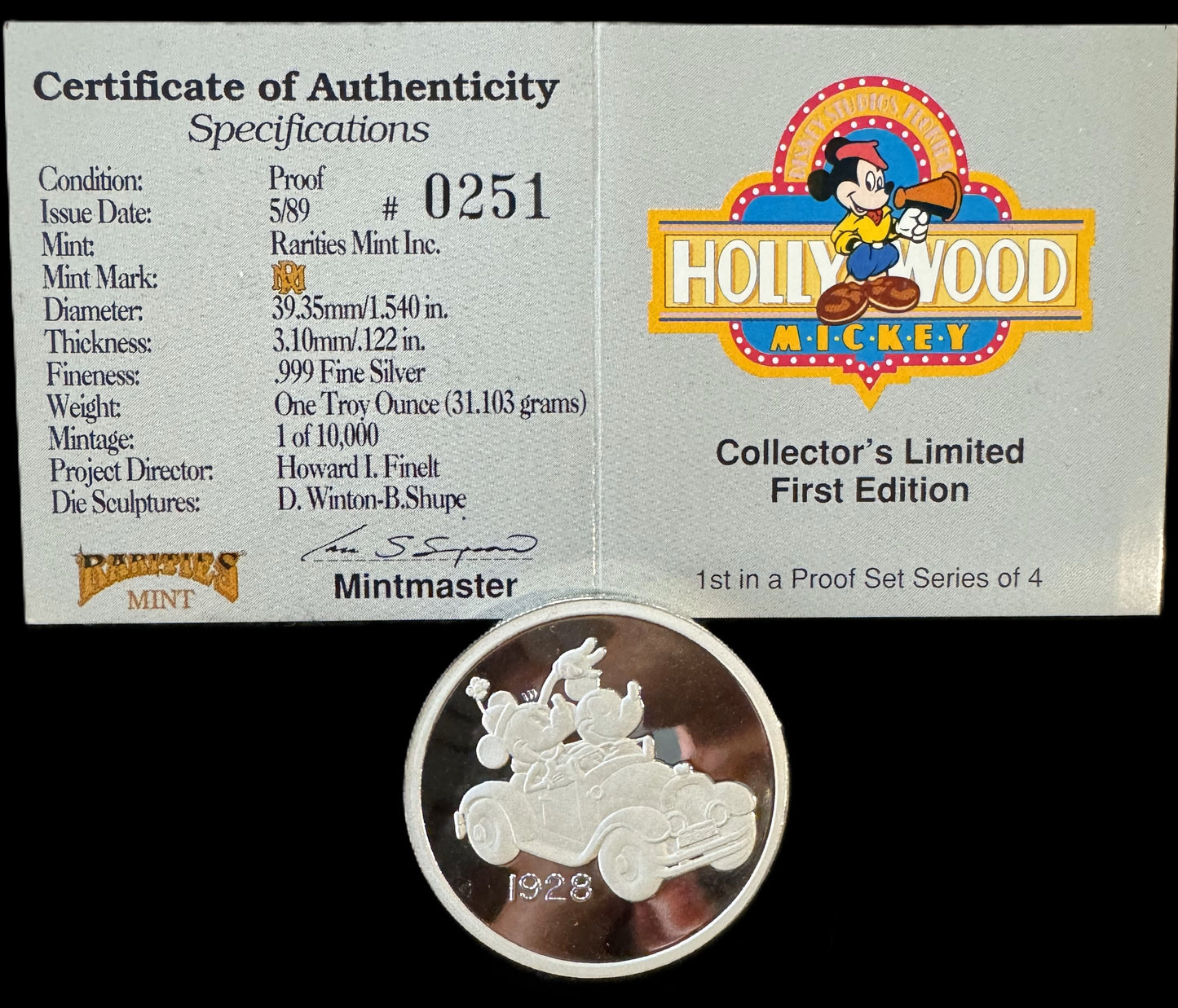 1989 Disney “Hollywood Mickey” 4pc Match COA Set 1 oz .999 Silver Coin