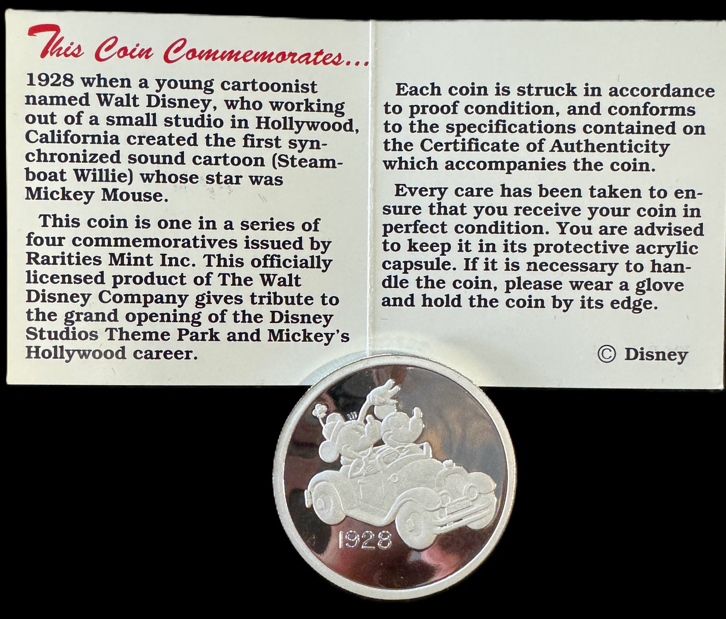 1989 Disney “Hollywood Mickey” 4pc Match COA Set 1 oz .999 Silver Coin