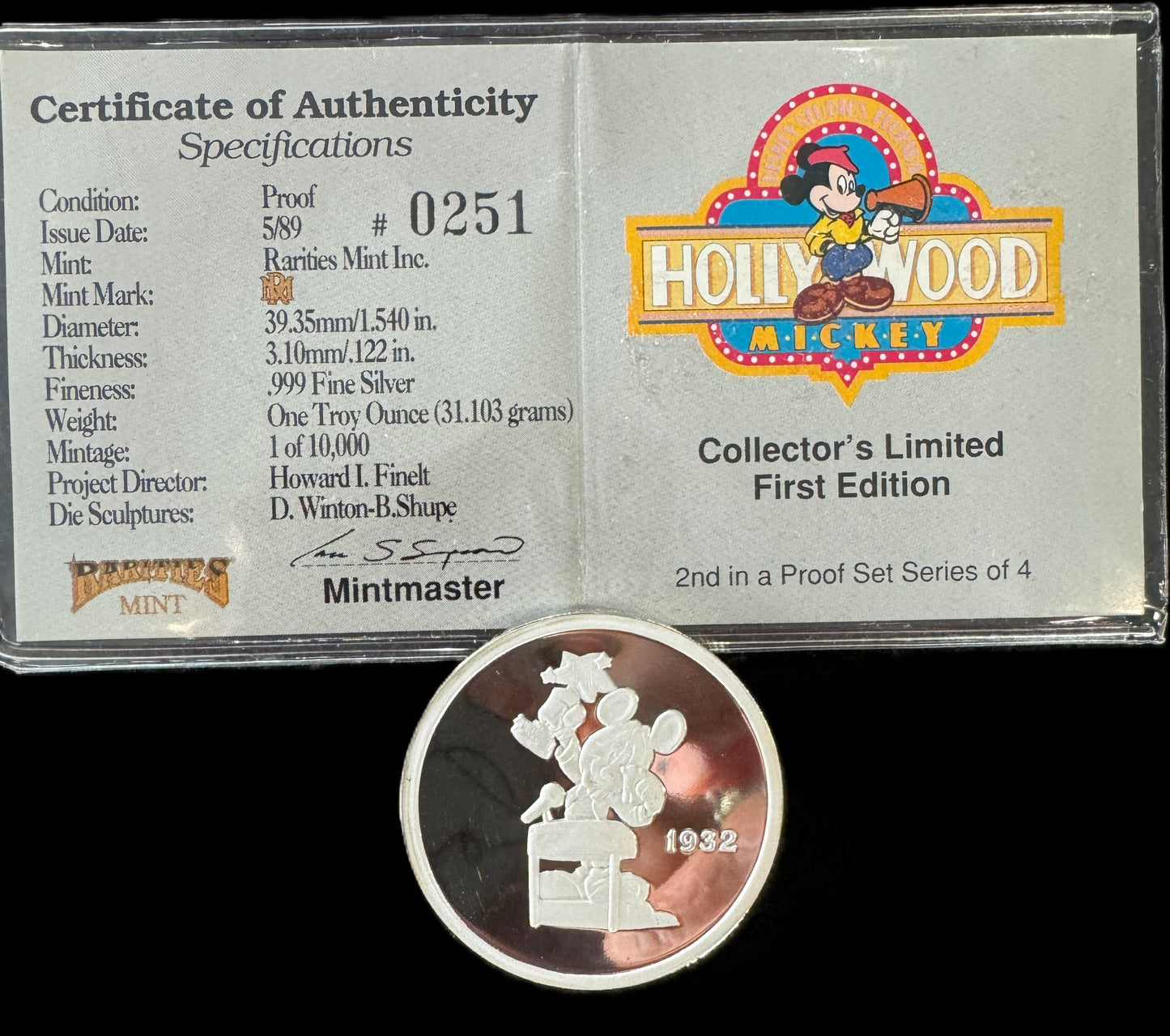 1989 Disney “Hollywood Mickey” 4pc Match COA Set 1 oz .999 Silver Coin