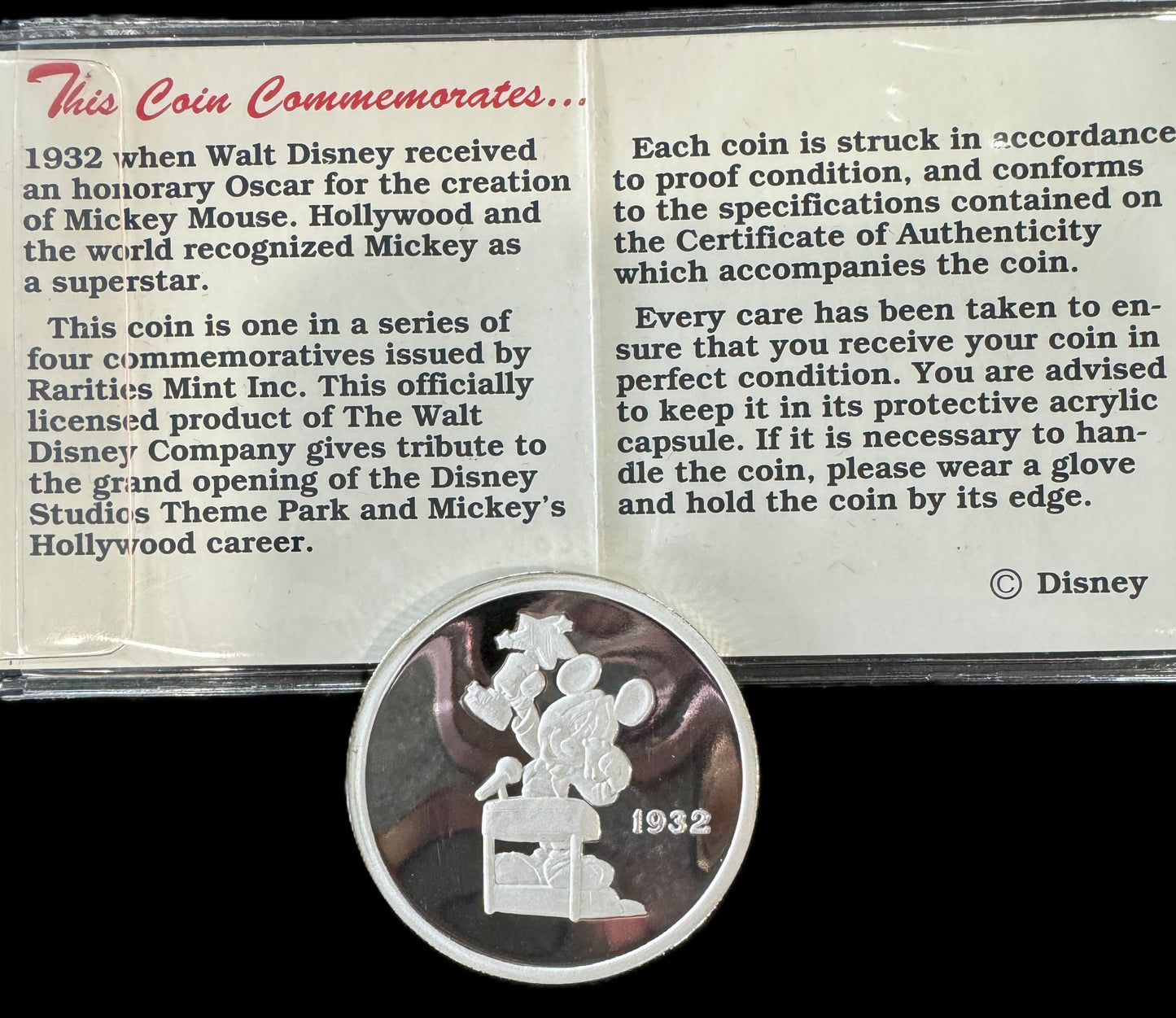1989 Disney “Hollywood Mickey” 4pc Match COA Set 1 oz .999 Silver Coin