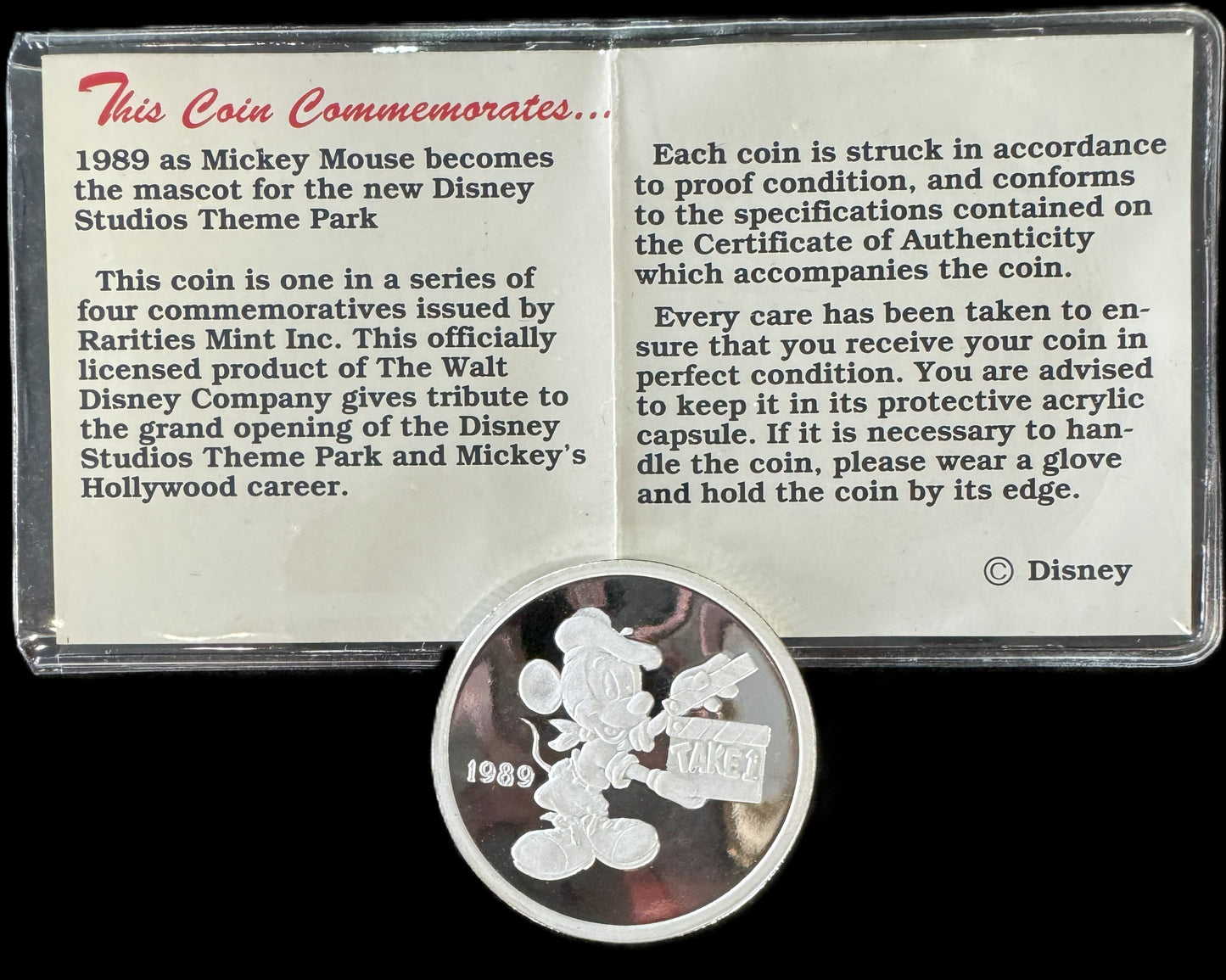 1989 Disney “Hollywood Mickey” 4pc Match COA Set 1 oz .999 Silver Coin