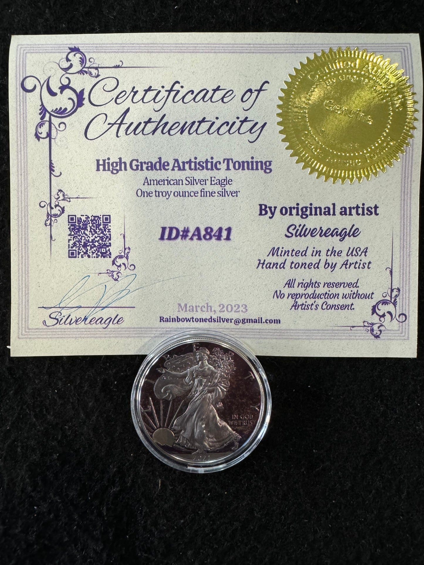 2021 American Eagle Lady Liberty Rainbow Toning 1 oz .999 Silver Coin COA #A841