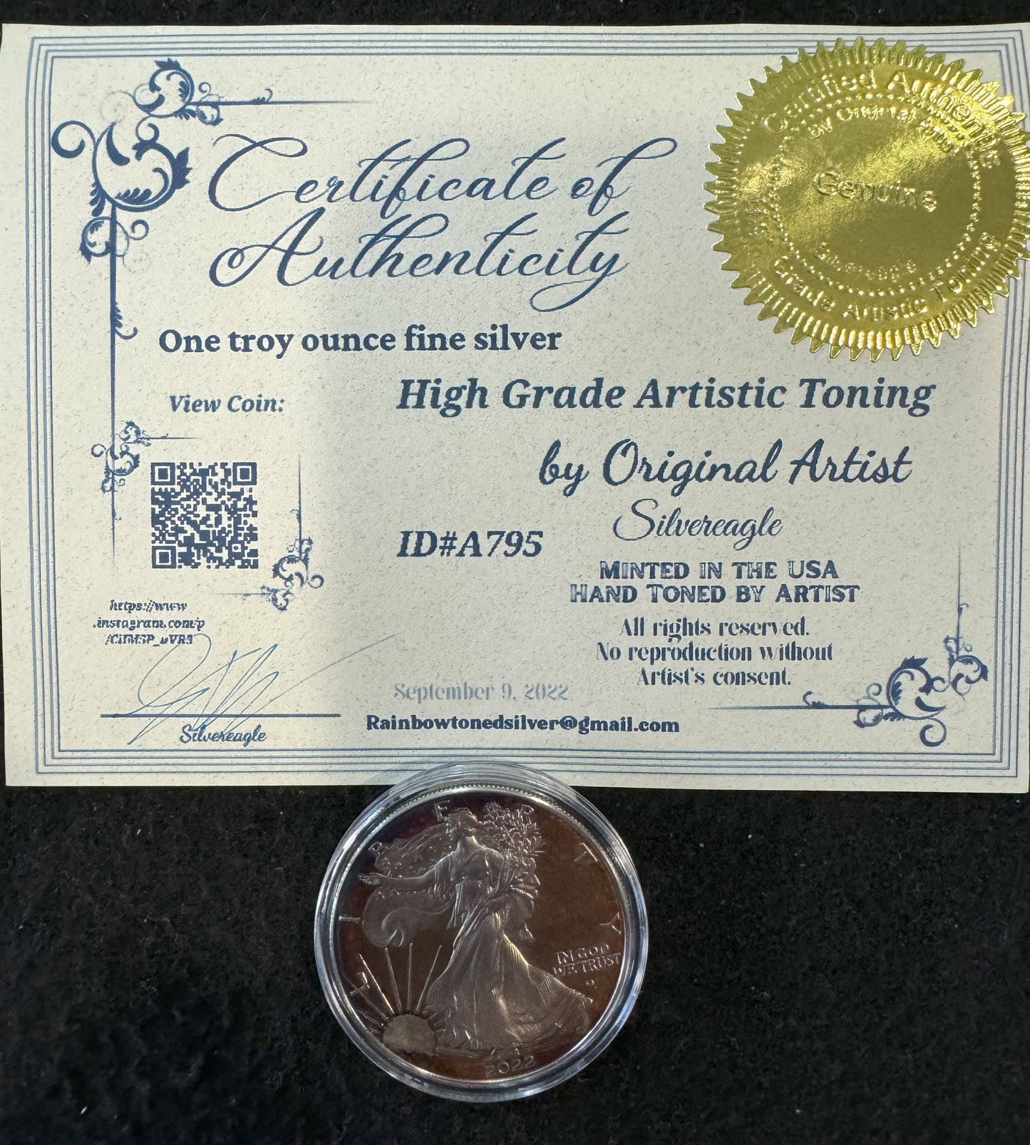 2022 American Eagle Lady Liberty Rainbow Toning 1 oz .999 Silver Coin COA #A795