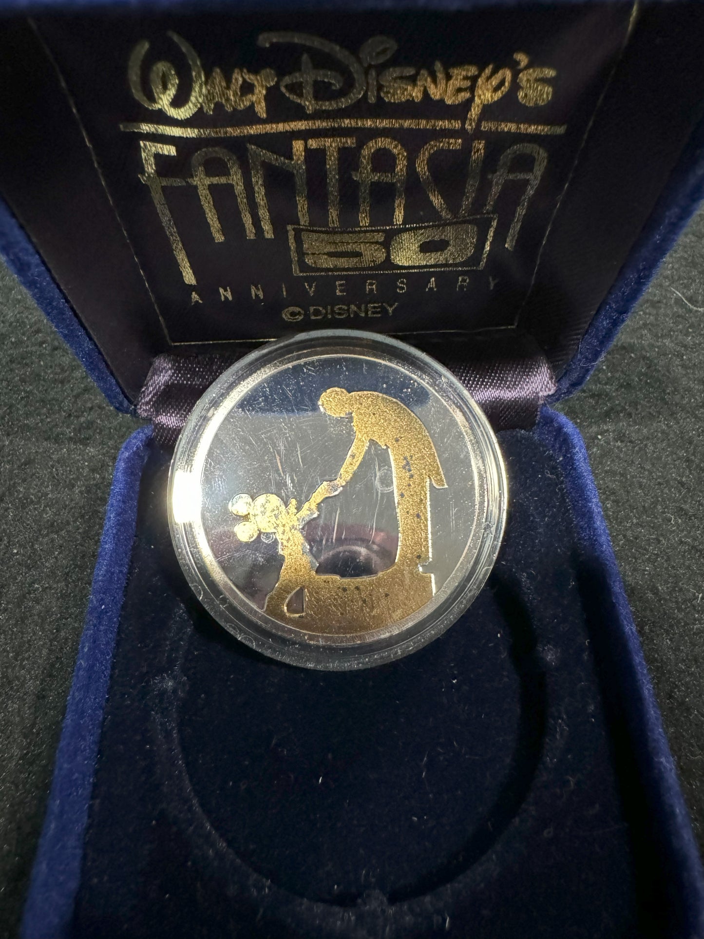 1990 Disney Fantasia Mickey & Stowkowski 1 oz .999 Silver Coin w/22K Gold Relief