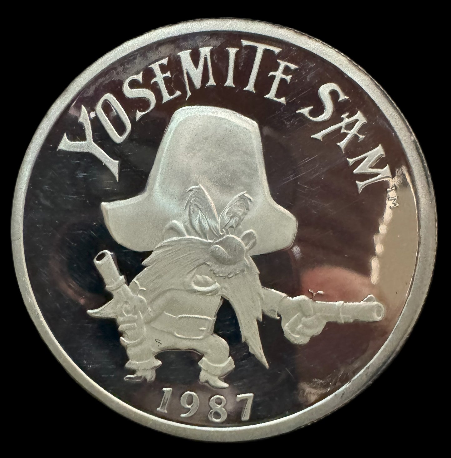 1987 Looney Tunes Bugs Bunny Yosemite Sam 1 oz .999 Silver Coin. #06760