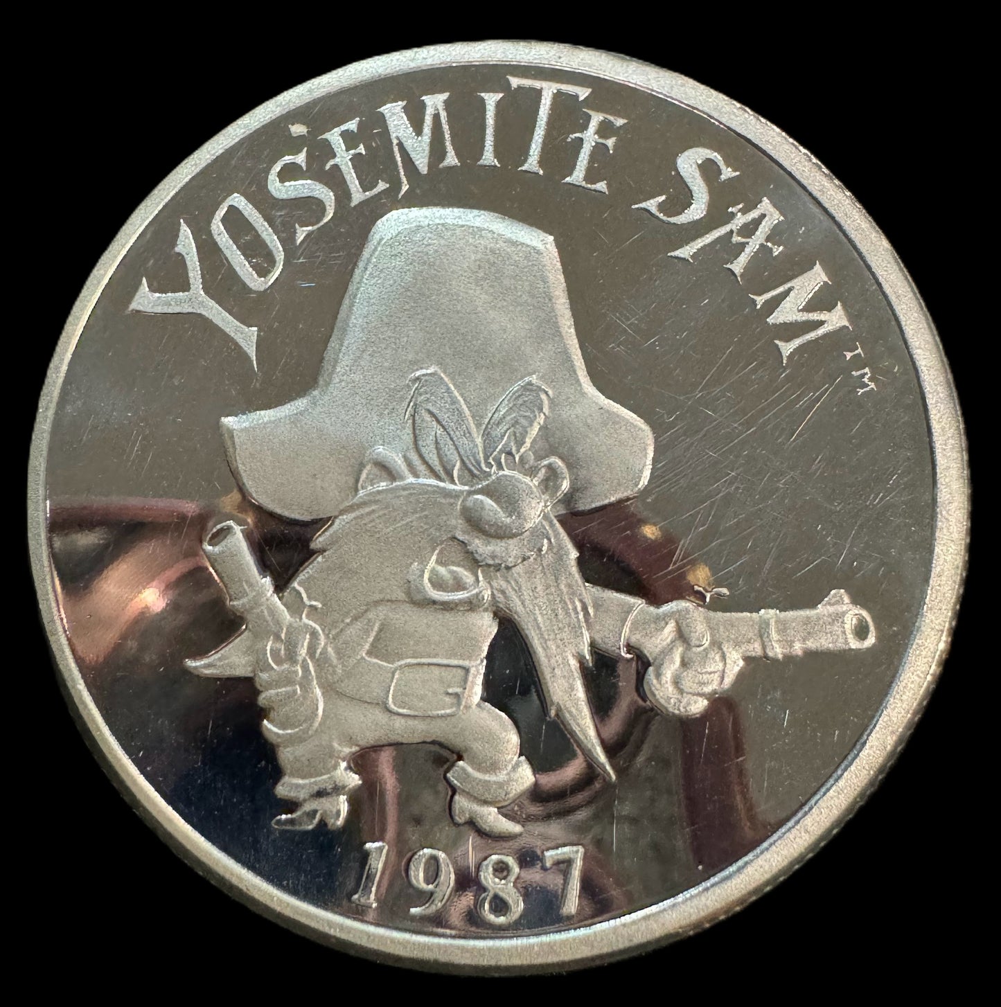 1987 Looney Tunes Bugs Bunny Yosemite Sam 1 oz .999 Silver Coin 06502
