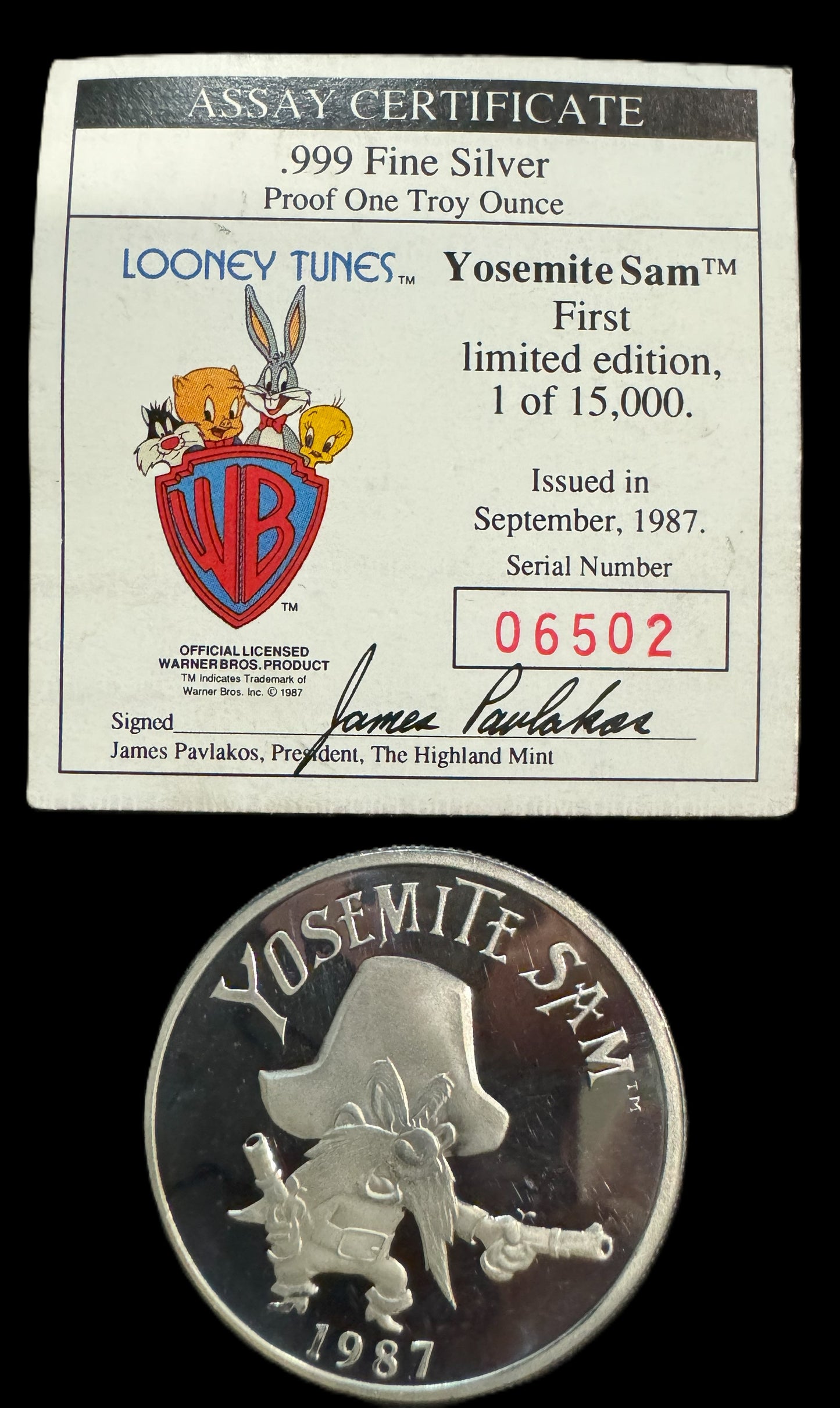 1987 Looney Tunes Bugs Bunny Yosemite Sam 1 oz .999 Silver Coin 06502
