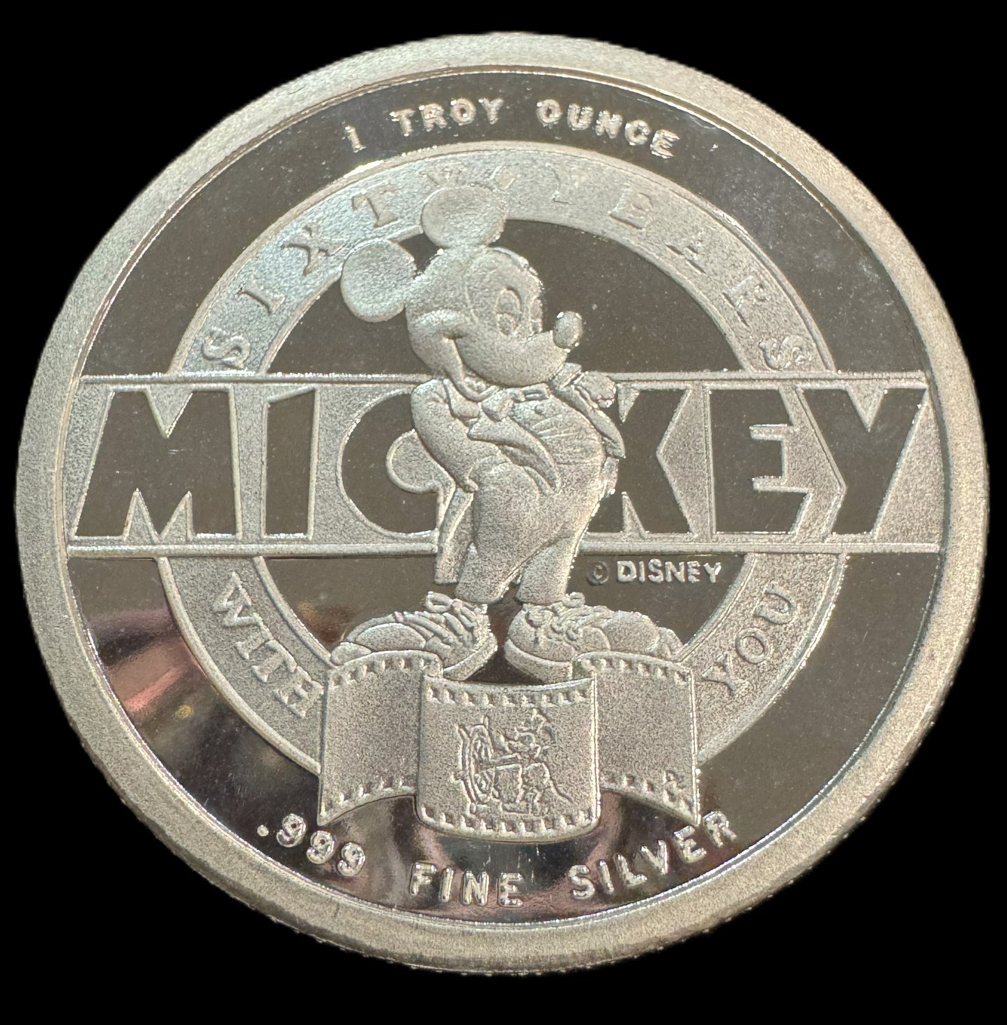 1988 Disney Mickey 60 Years With You Steamboat Willie 1 oz .999 Silver Coin COA #047916