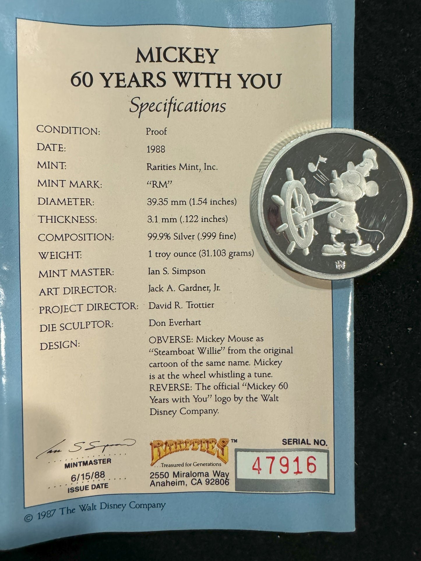 1988 Disney Mickey 60 Years With You Steamboat Willie 1 oz .999 Silver Coin COA #047916