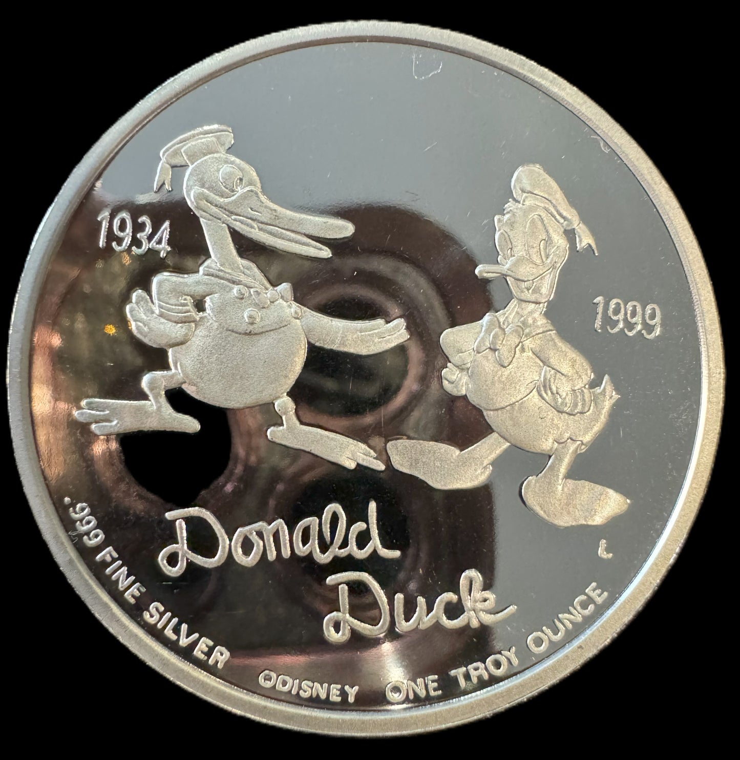 1999 Disney Donald Duck 65th Anniversary 1 oz .999 Silver Coin w24k Gold Relief
