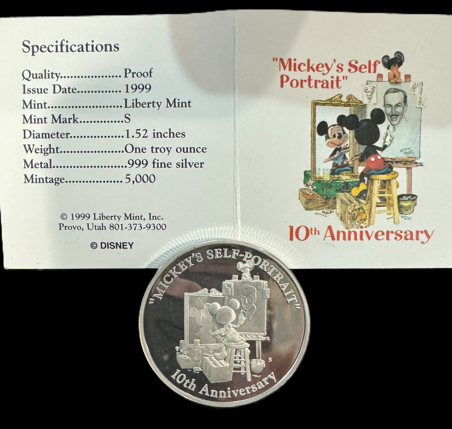 1999 Disney Mickey’s Self Portrait 10th Anniversary 1 oz .999 Silver Coin
