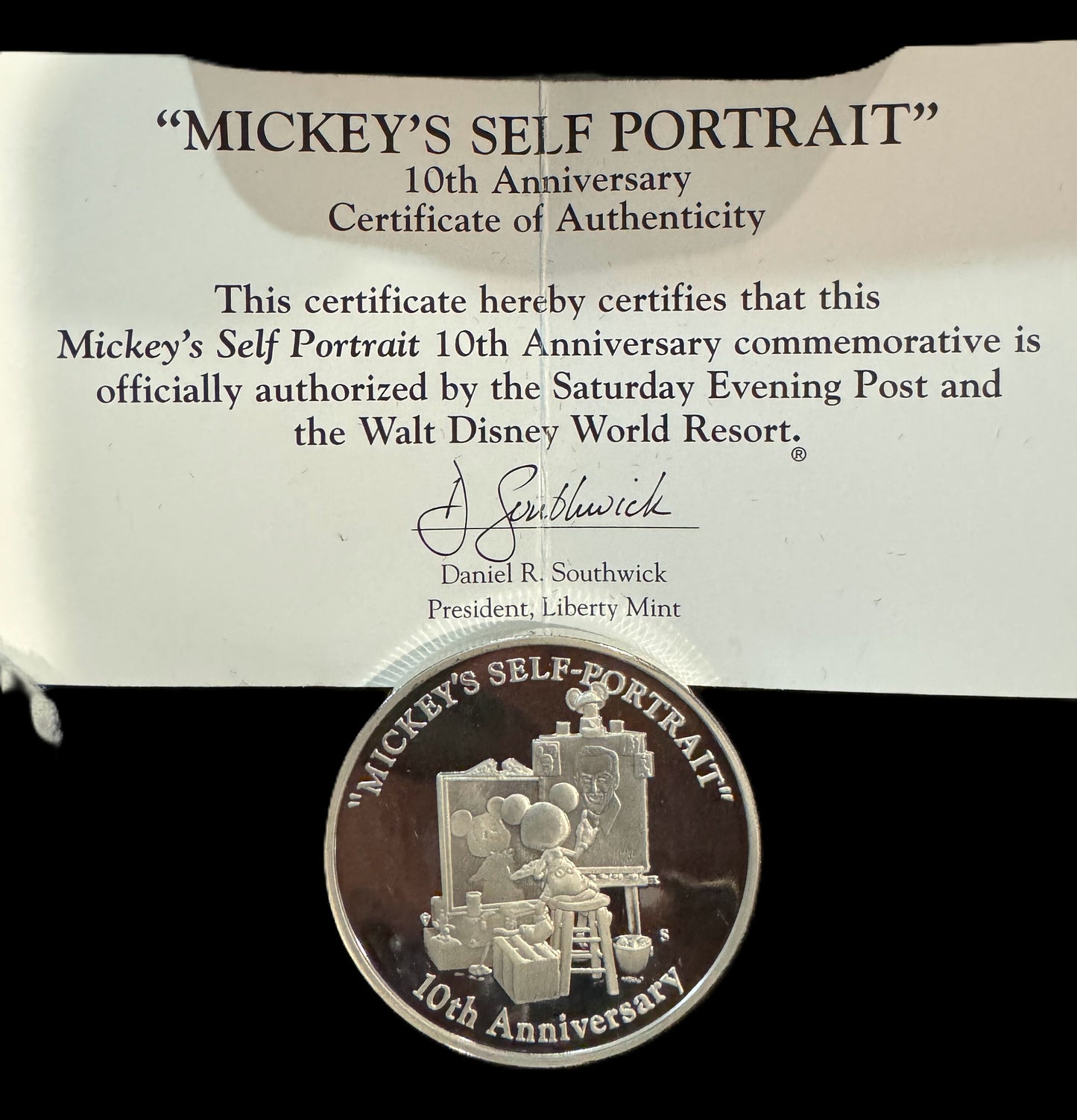 1999 Disney Mickey’s Self Portrait 10th Anniversary 1 oz .999 Silver Coin
