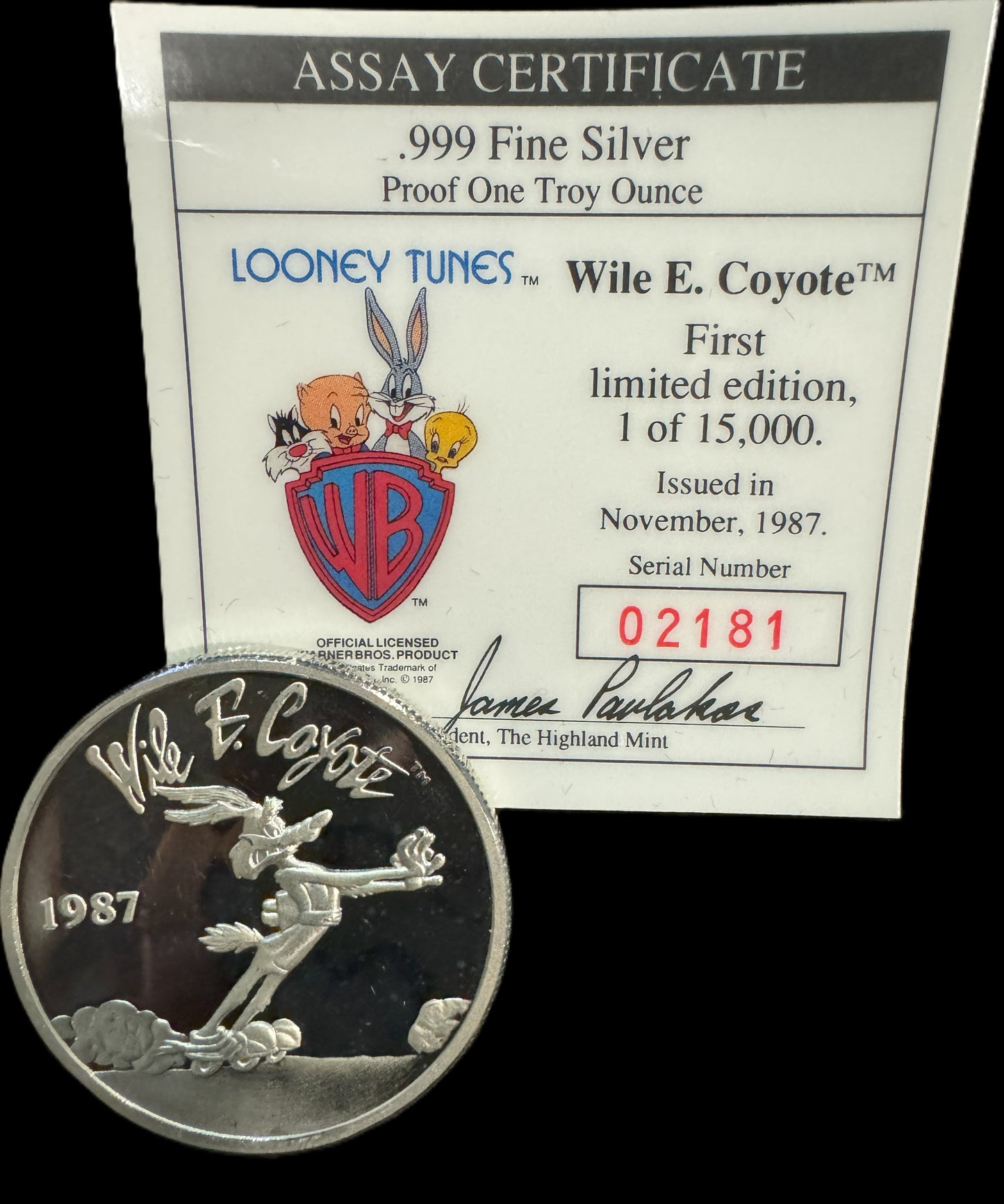1987 Looney Tunes Bugs Bunny Wile E. Coyote 1 oz .999 Silver Coin