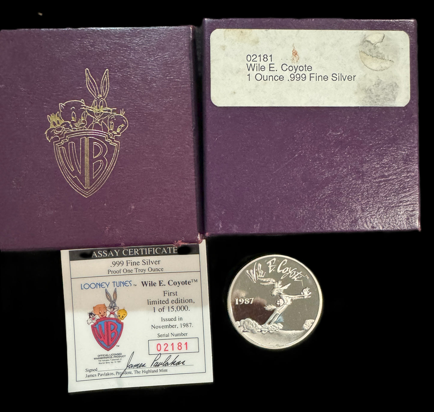 1987 Looney Tunes Bugs Bunny Wile E. Coyote 1 oz .999 Silver Coin