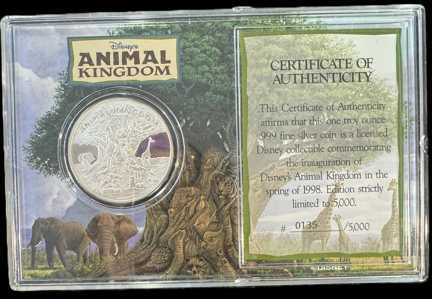 1998 Disney Animal Kingdom Opening 1 oz .999 Silver Coin