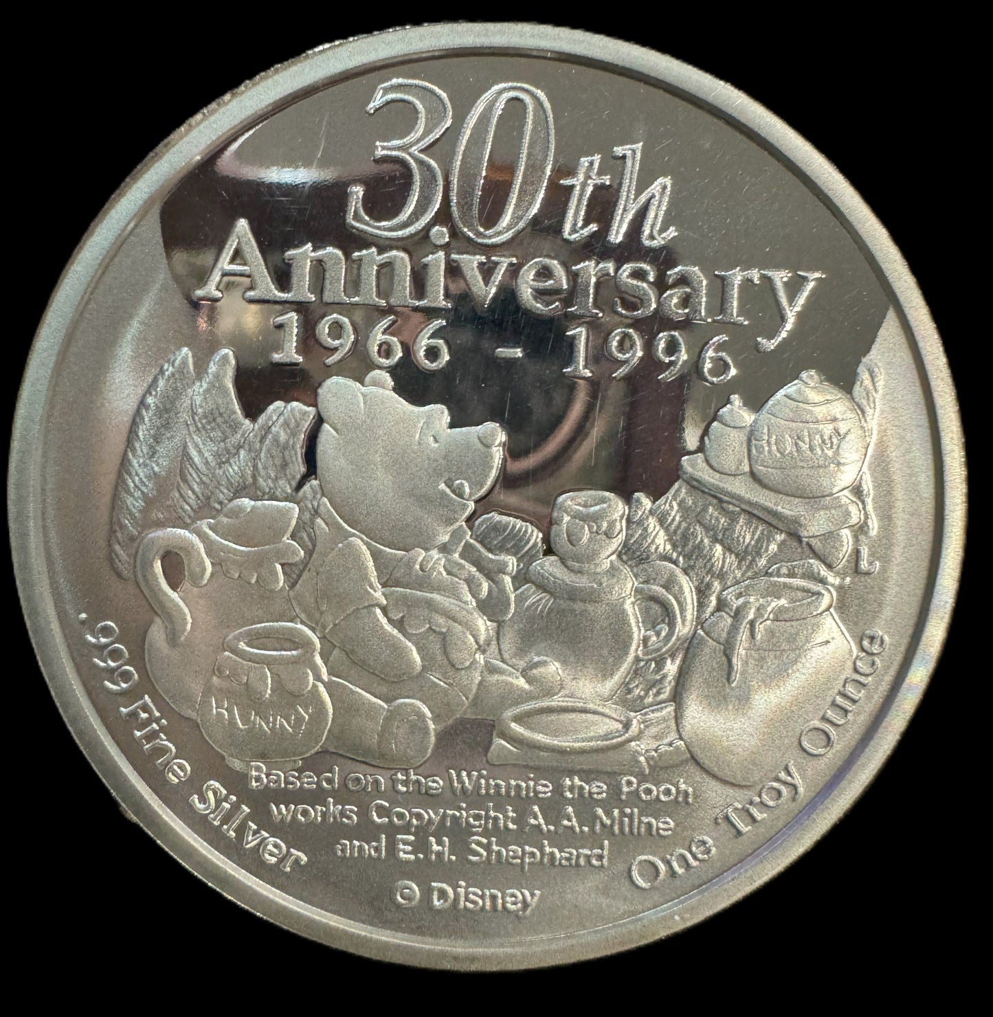 1996 Disney 30th Anniversary Winnie the Pooh 1 oz .999 Silver Coin COA #0520