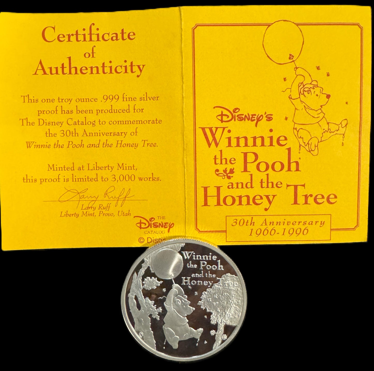 1996 Disney 30th Anniversary Winnie the Pooh 1 oz .999 Silver Coin COA #0520
