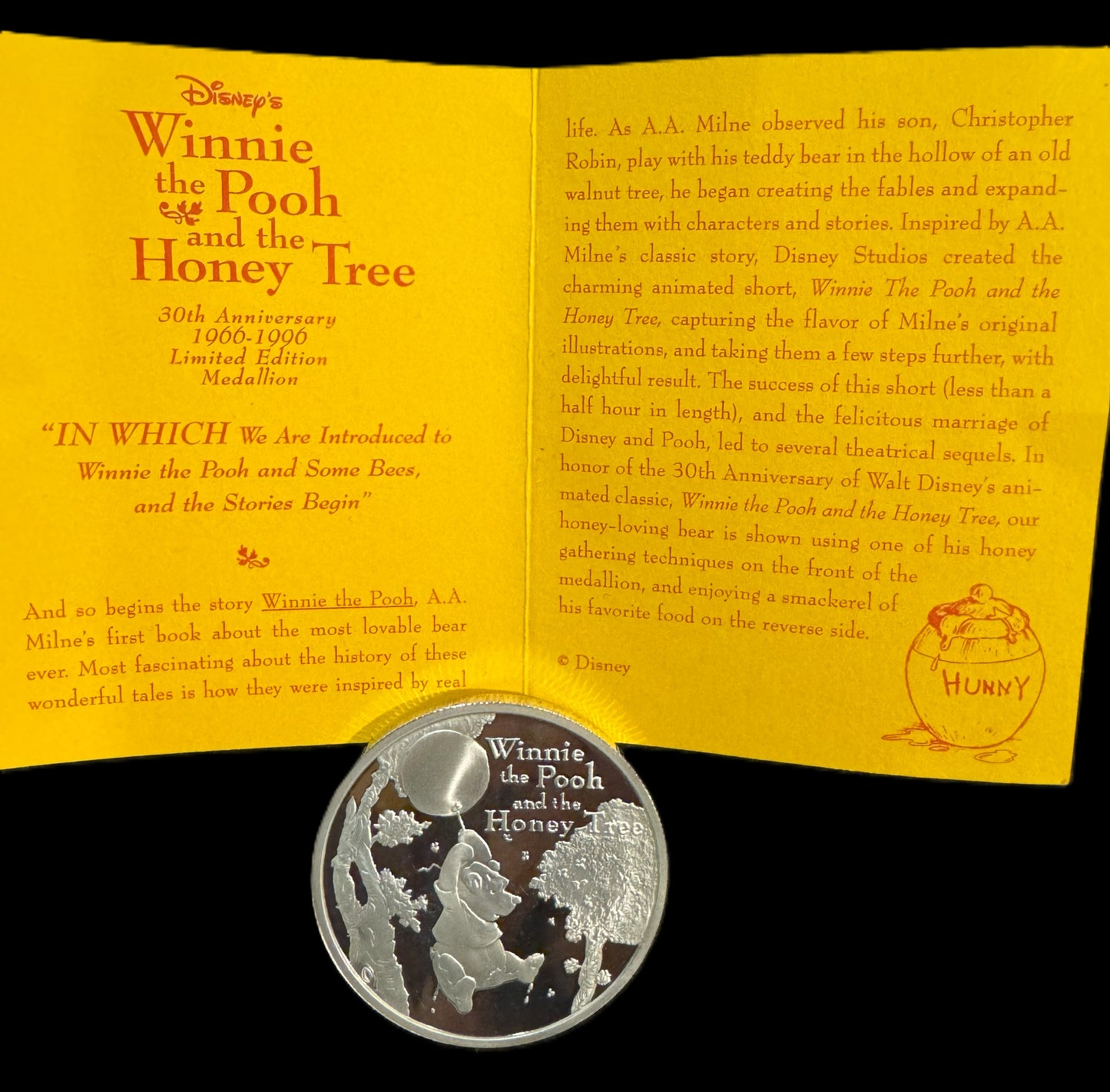 1996 Disney 30th Anniversary Winnie the Pooh 1 oz .999 Silver Coin COA #0520