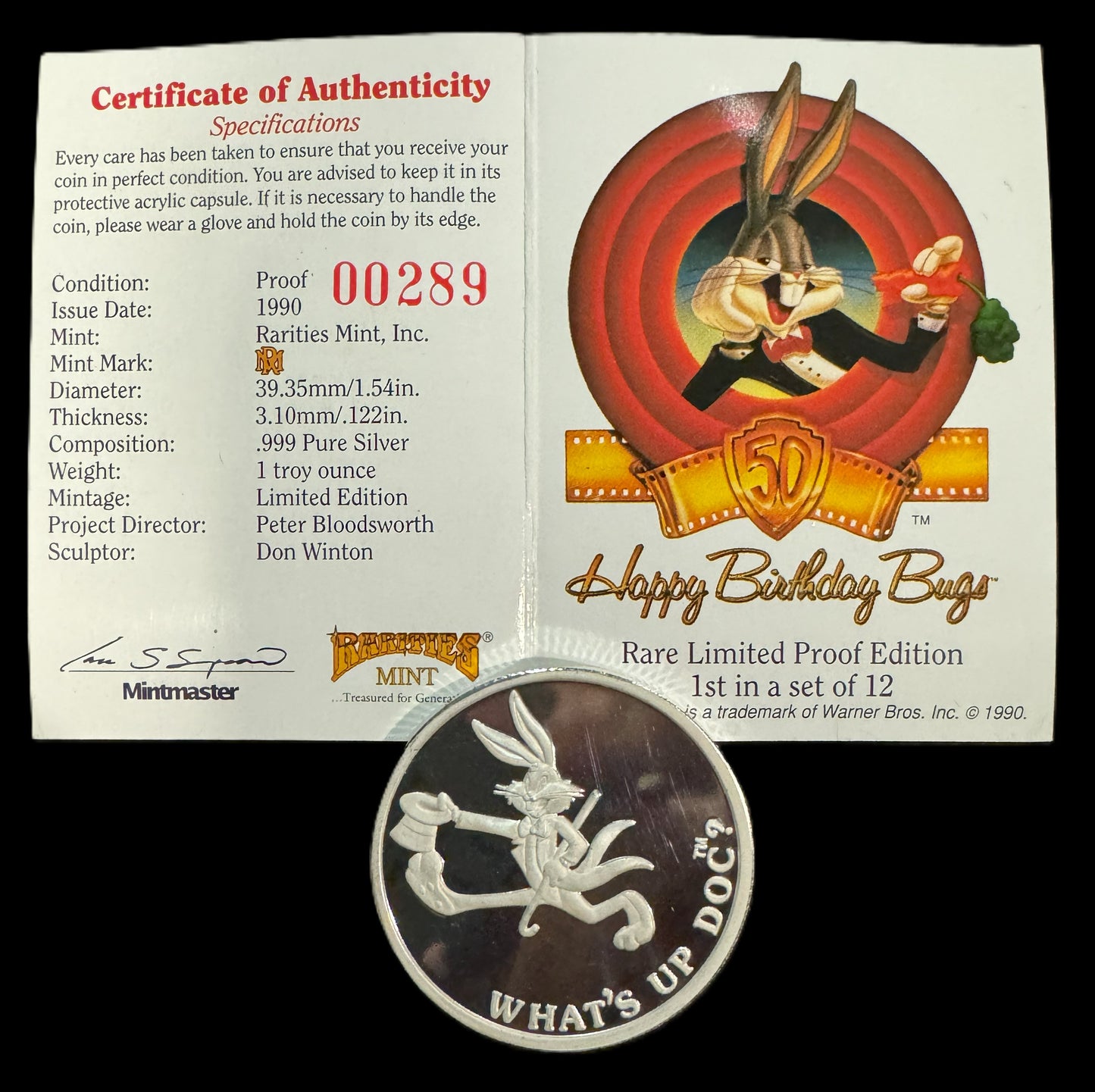 1990 Happy Birthday Bugs Bunny 1oz .999 Silver Coin COA #289