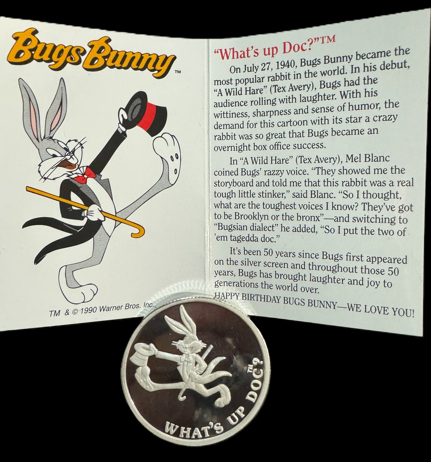 1990 Happy Birthday Bugs Bunny 1oz .999 Silver Coin COA #289
