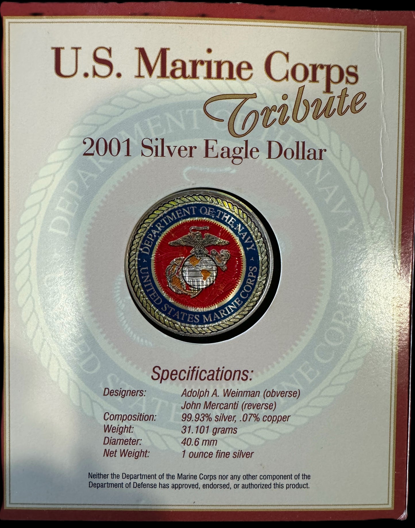 2001 American Eagle Lady Liberty Colorized USMC 1oz .999 Silver Coin