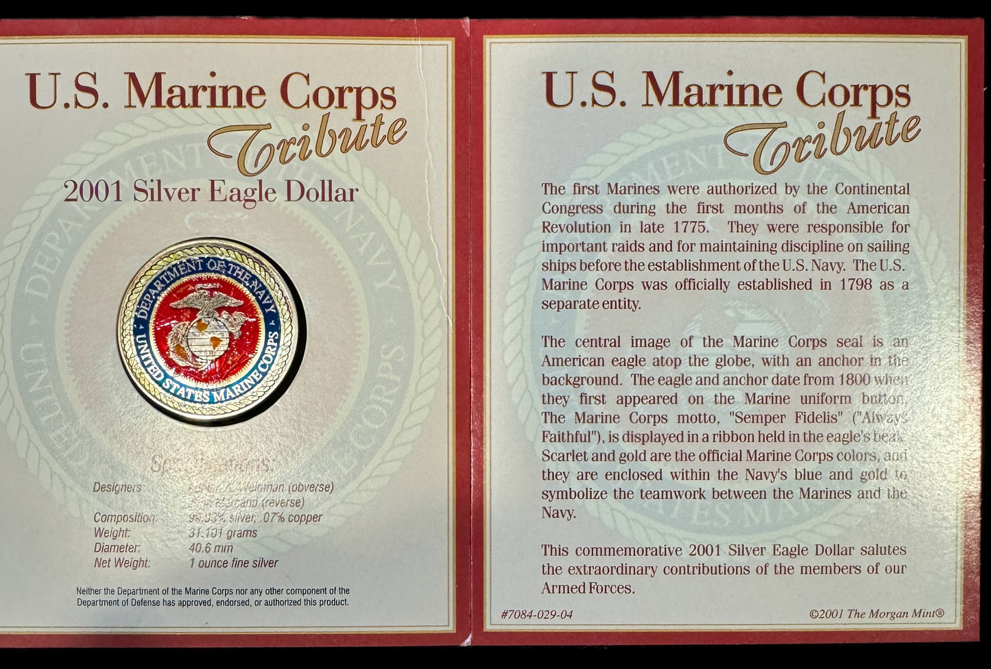 2001 American Eagle Lady Liberty Colorized USMC 1oz .999 Silver Coin