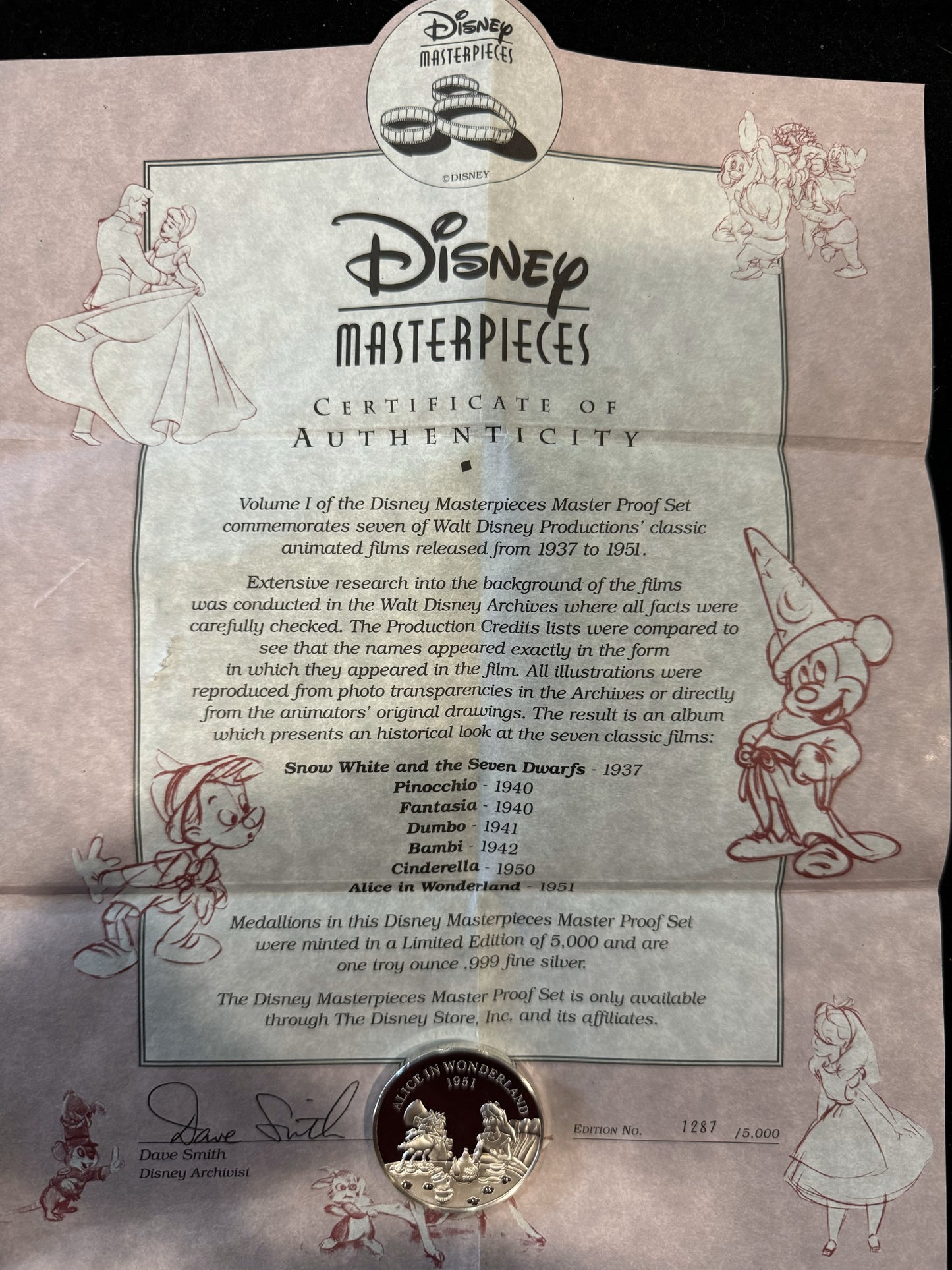 1992 Disney Masterpieces Alice In Wonderland 1 oz .999 Silver Coin #1287