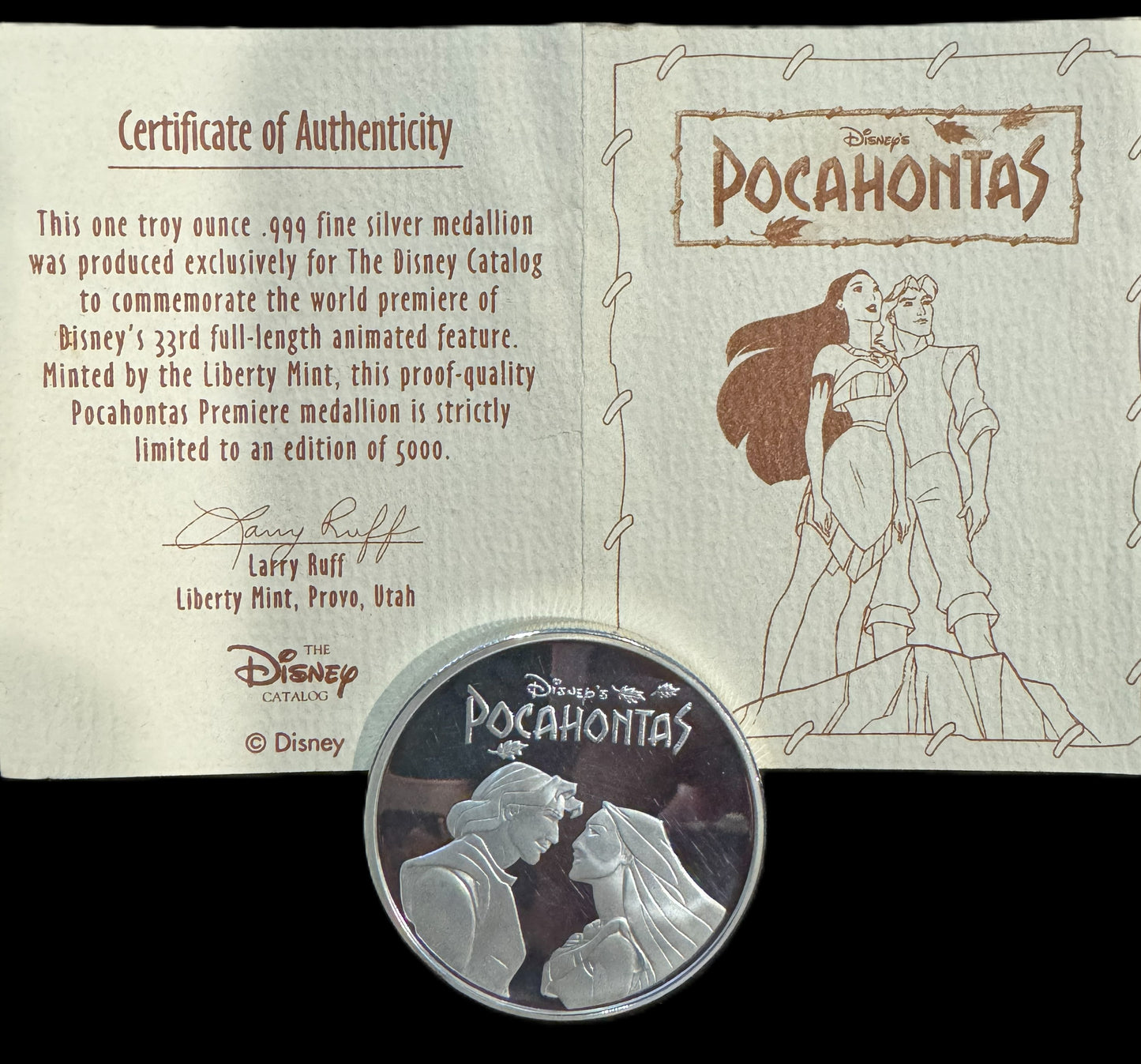 1995 Disney Pocahontas 1 oz .999 Silver Coin COA #00236