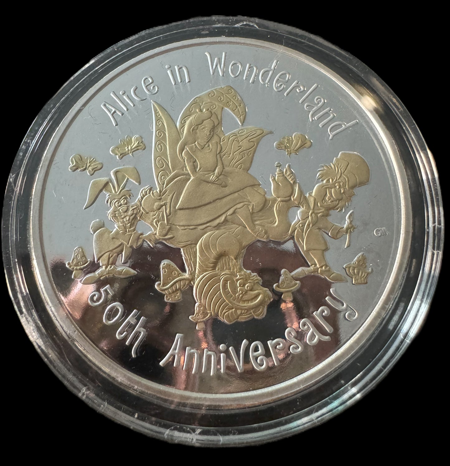 2001 50th Anniversary Alice In Wonderland 1 oz .999 Silver Coin w24K Gold Relief