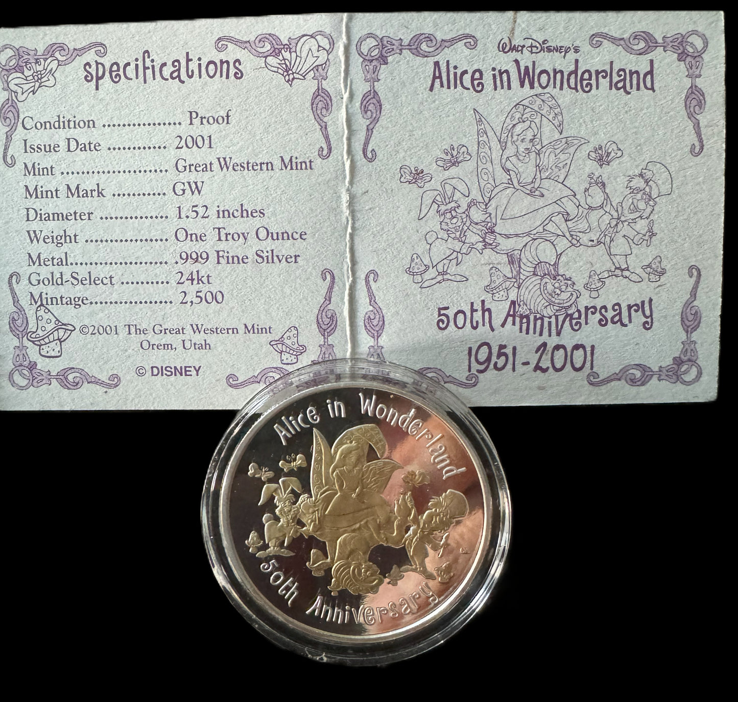 2001 50th Anniversary Alice In Wonderland 1 oz .999 Silver Coin w24K Gold Relief