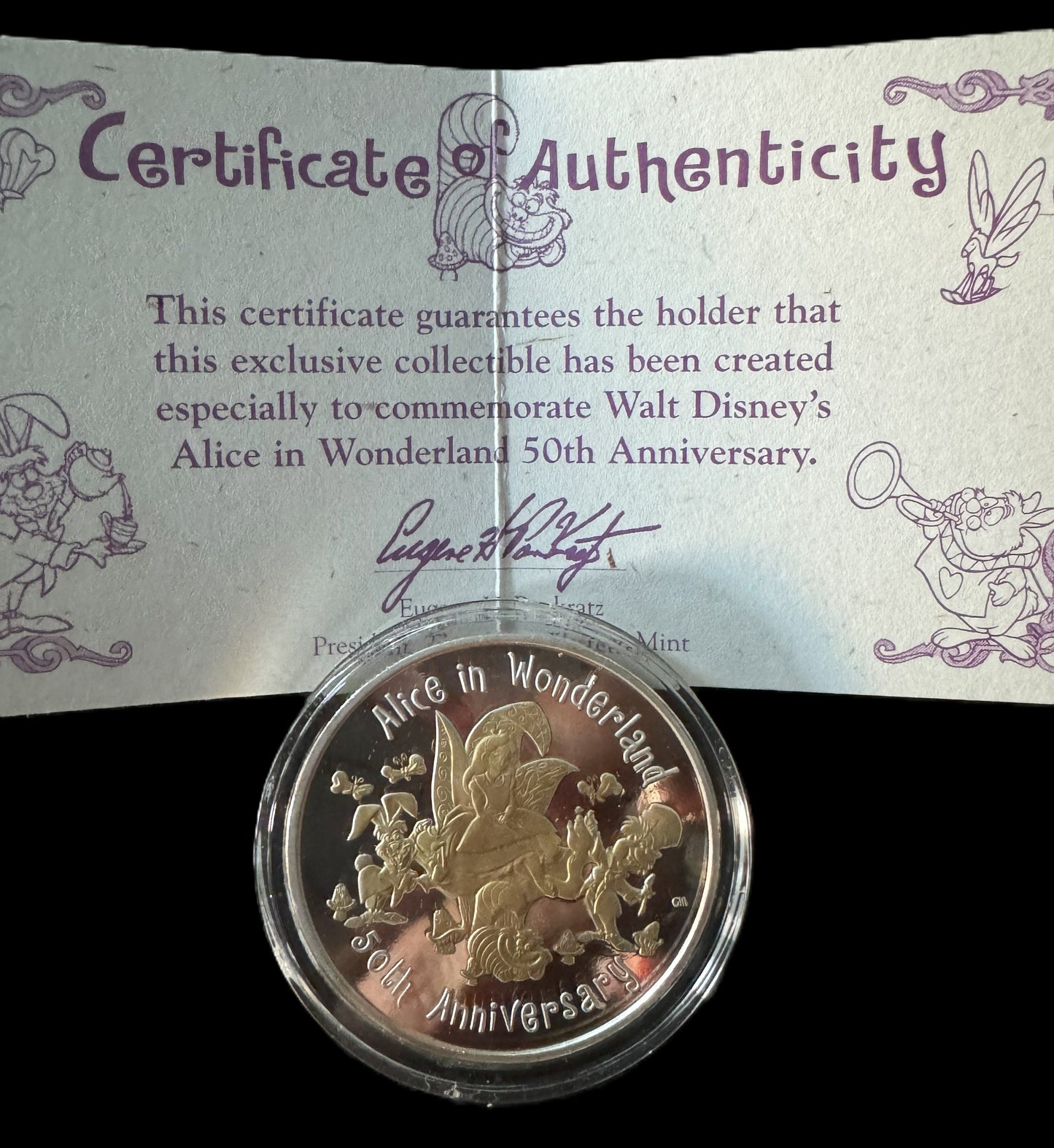 2001 50th Anniversary Alice In Wonderland 1 oz .999 Silver Coin w24K Gold Relief