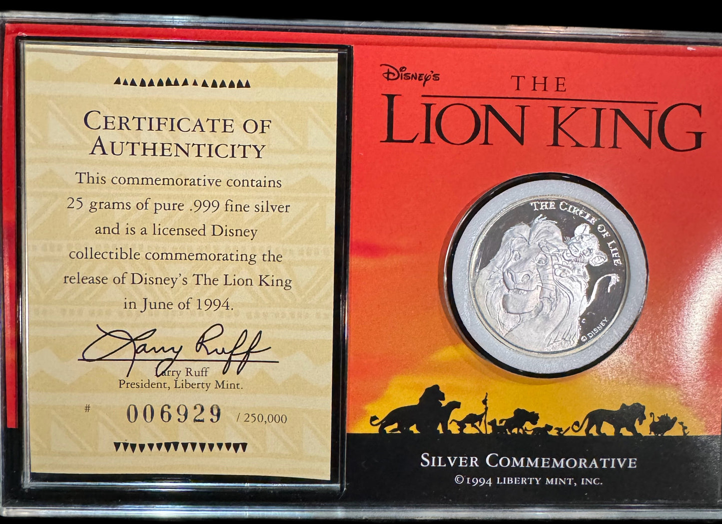1994 Disney The Lion King 25 grams .999 Silver Coin