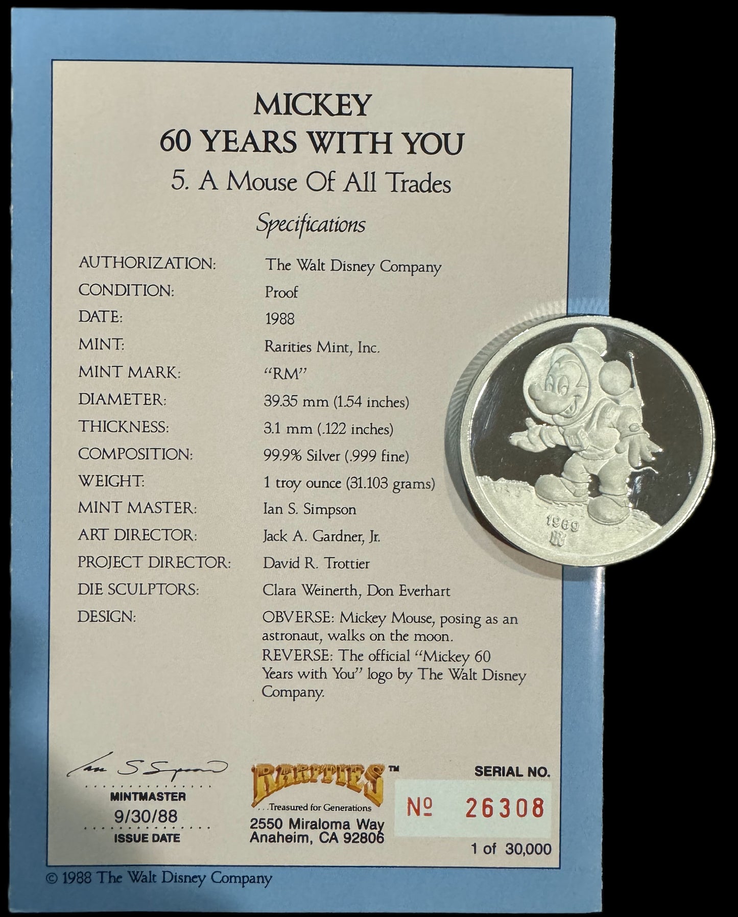 1988 Disney Mickey 60 Years With You Astronaut 1 oz .999 Silver Coin