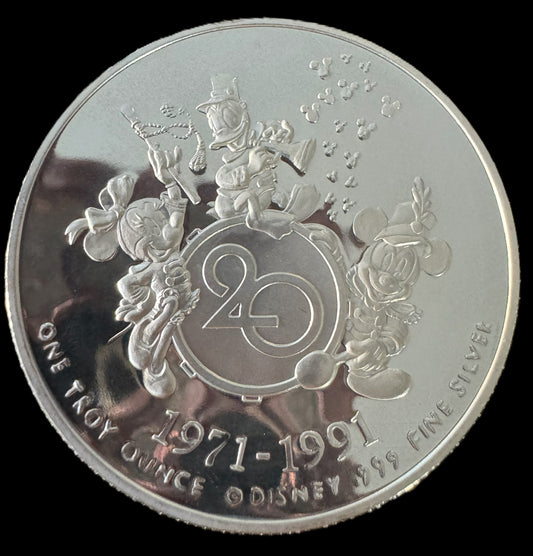 1991 Disney World 20th Anniversary 1 oz .999 Silver Coin