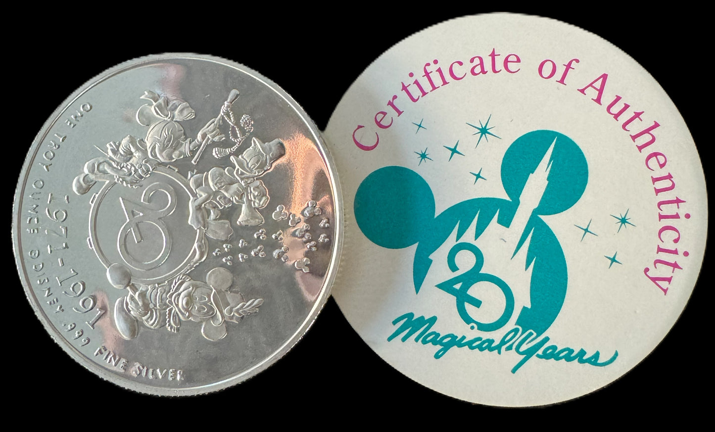 1991 Disney World 20th Anniversary 1 oz .999 Silver Coin