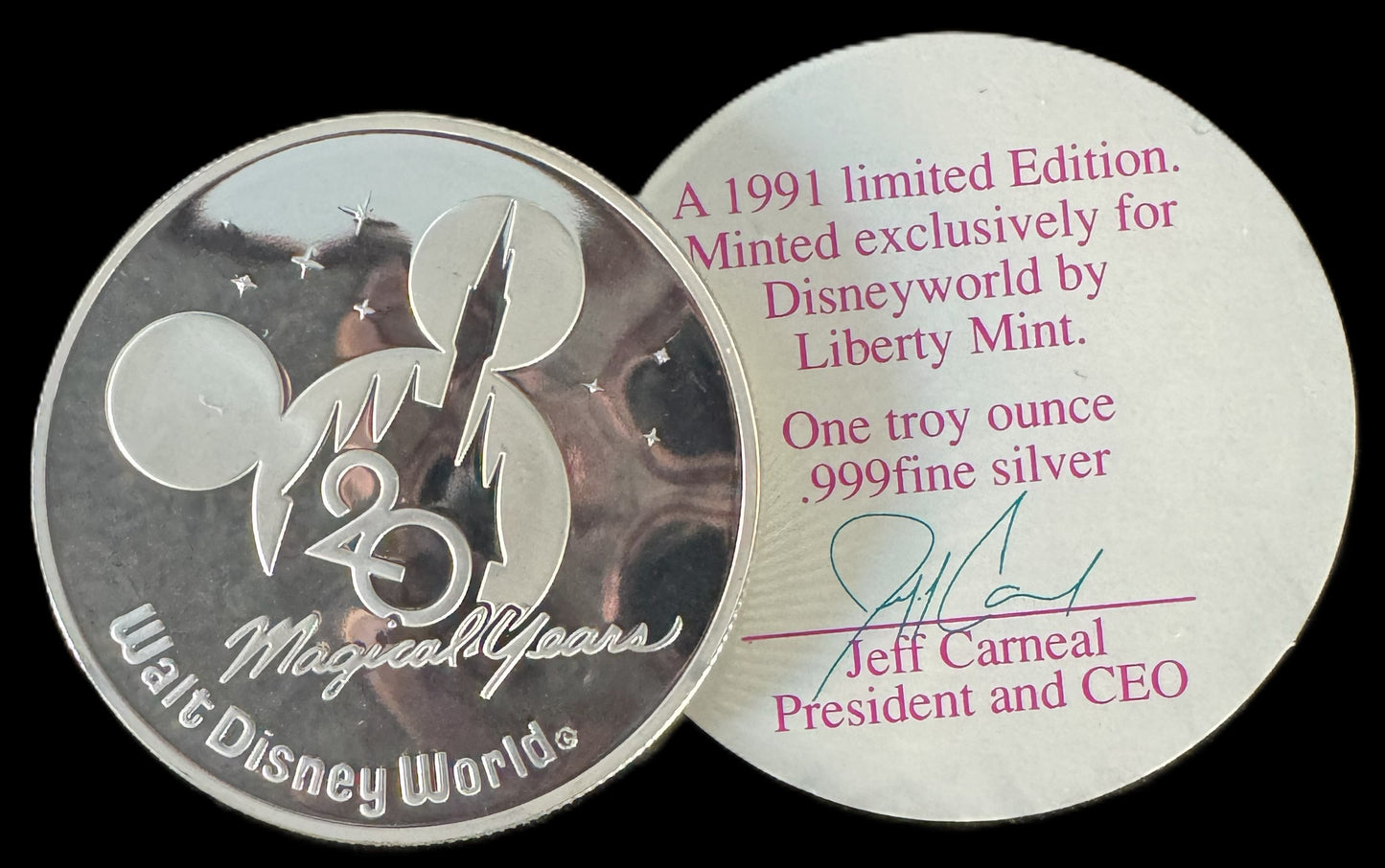 1991 Disney World 20th Anniversary 1 oz .999 Silver Coin