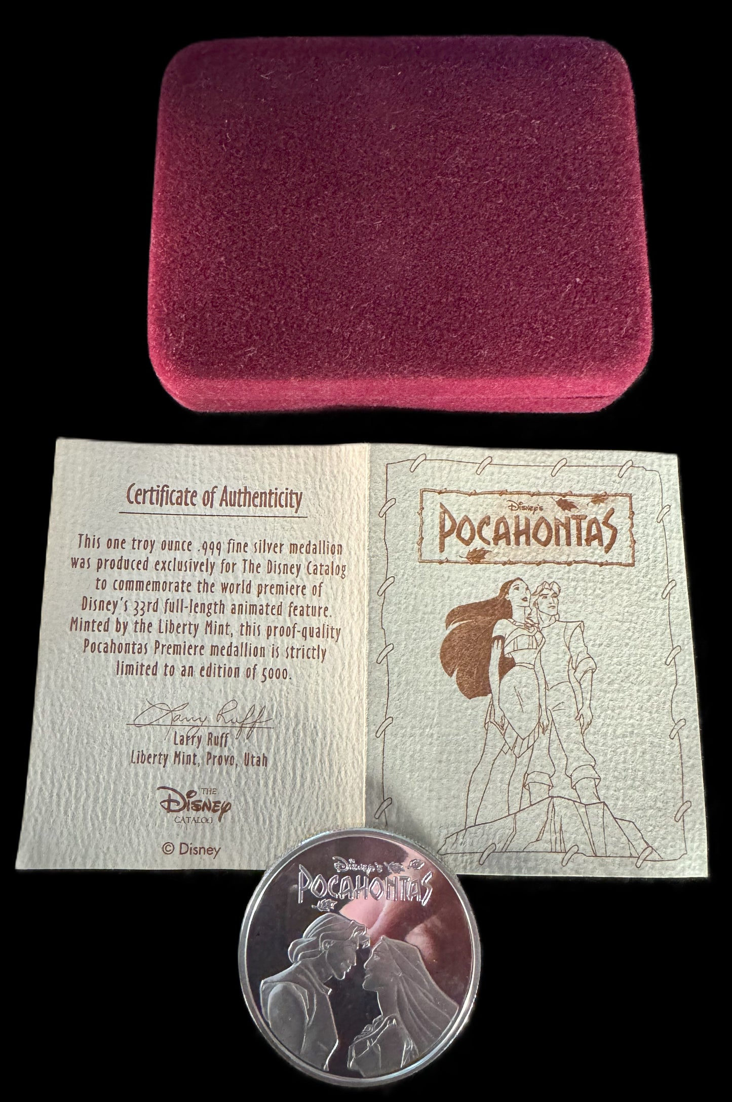 1995 Disney Pocahontas 1 oz .999 Silver Coin COA #00191
